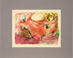 Vintage Colorful Cat Face - Transfer Monotype in Water Based Ink on Paper