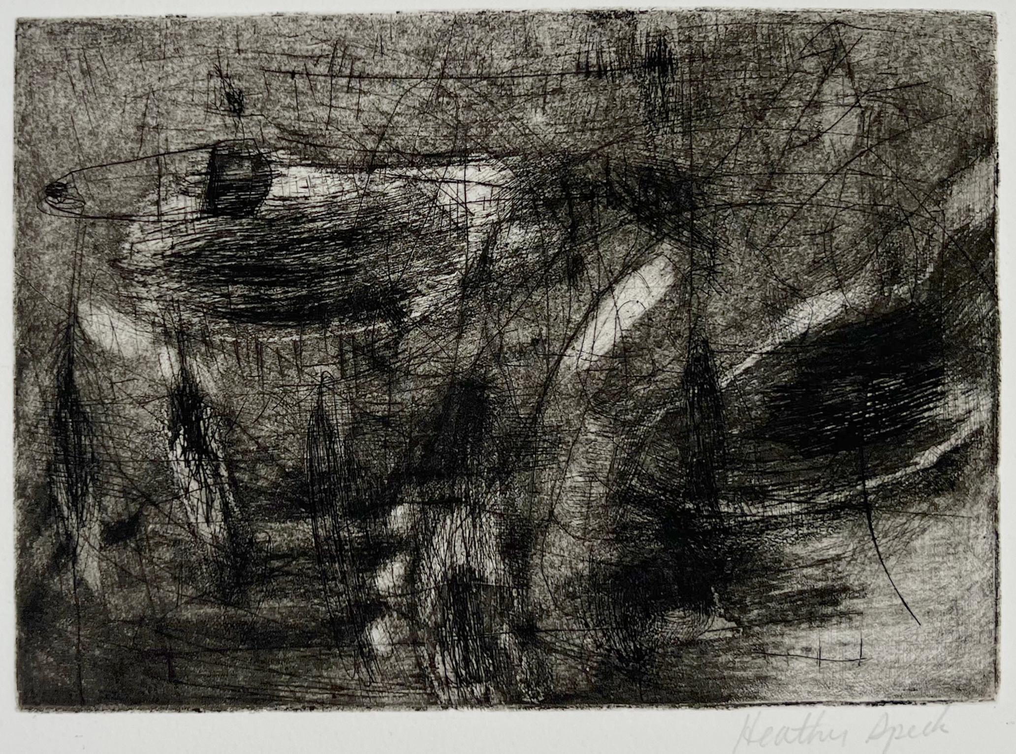 Finely Detailed Abstract W/Woman Carrying a Young Child Collotype on paper
Finely detailed etching or collotype of a complicated fine line drawing of abstract and objective imagery. Signed I believe upside down for effect or accidently. Difficult to