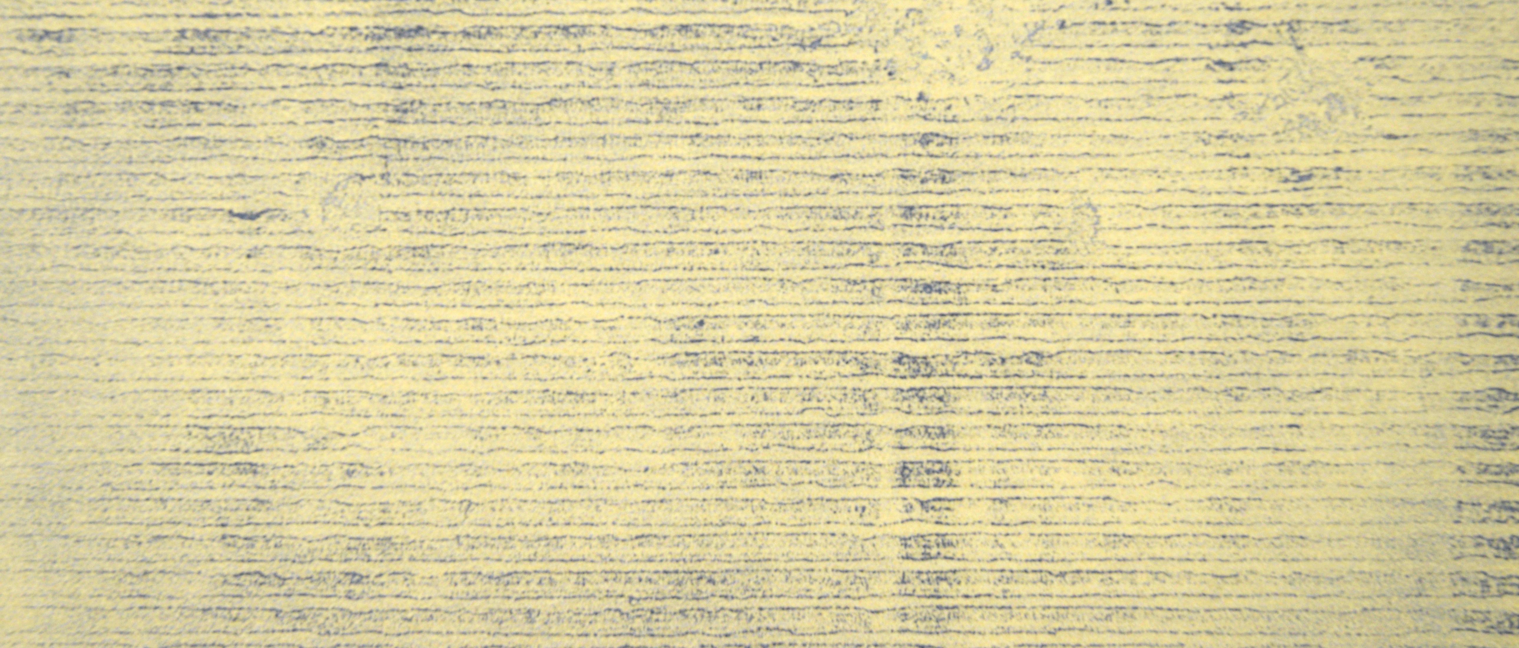 Minimalistische Transfer-Monogramm-Monogramm in Öl auf Papier, Not Quite Green

Original handgemalte und übertragene Monotypie der kalifornischen Künstlerin Heather Speck (Amerikanerin, 20. Jh.). Eine gelbe Schicht im Hintergrund wird von blauen