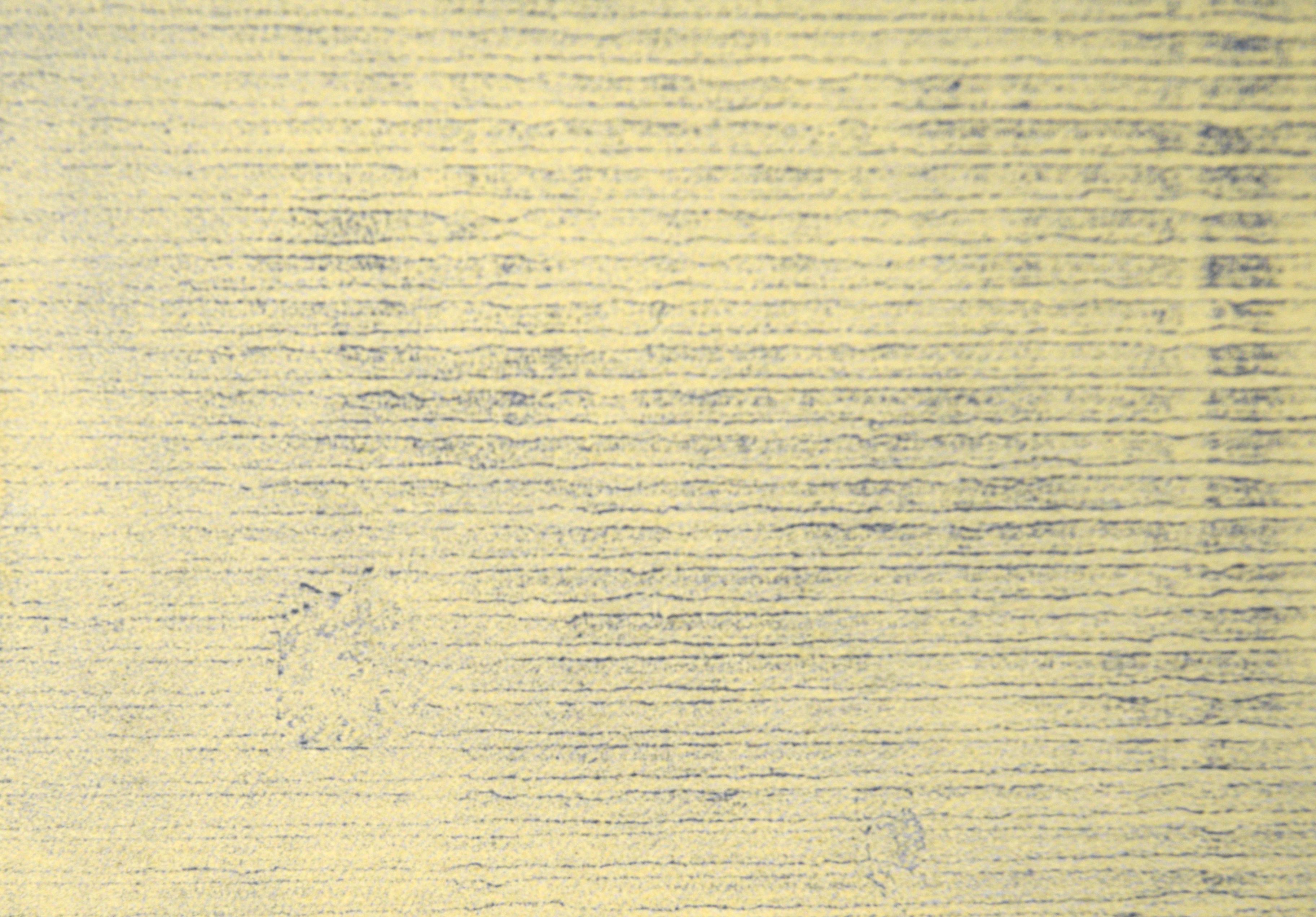 Minimalistische Transfer-Monogramm-Monogramm in Öl auf Papier, Not Quite Green

Original handgemalte und übertragene Monotypie der kalifornischen Künstlerin Heather Speck (Amerikanerin, 20. Jh.). Eine gelbe Schicht im Hintergrund wird von blauen