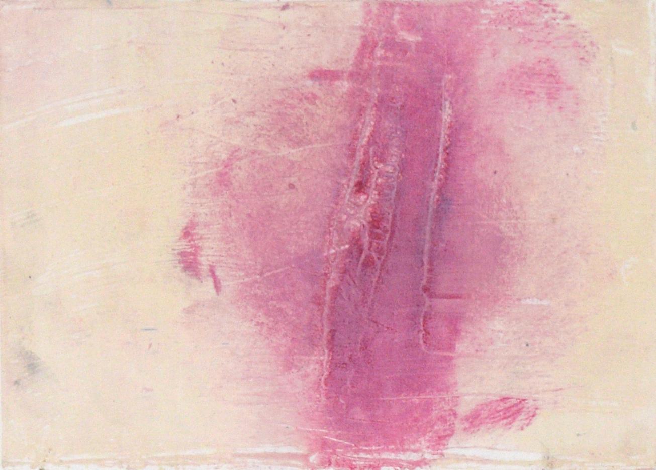 Pink on Yellow - Textured Transfer Monotype in Oil on Paper - Print by Heather Speck