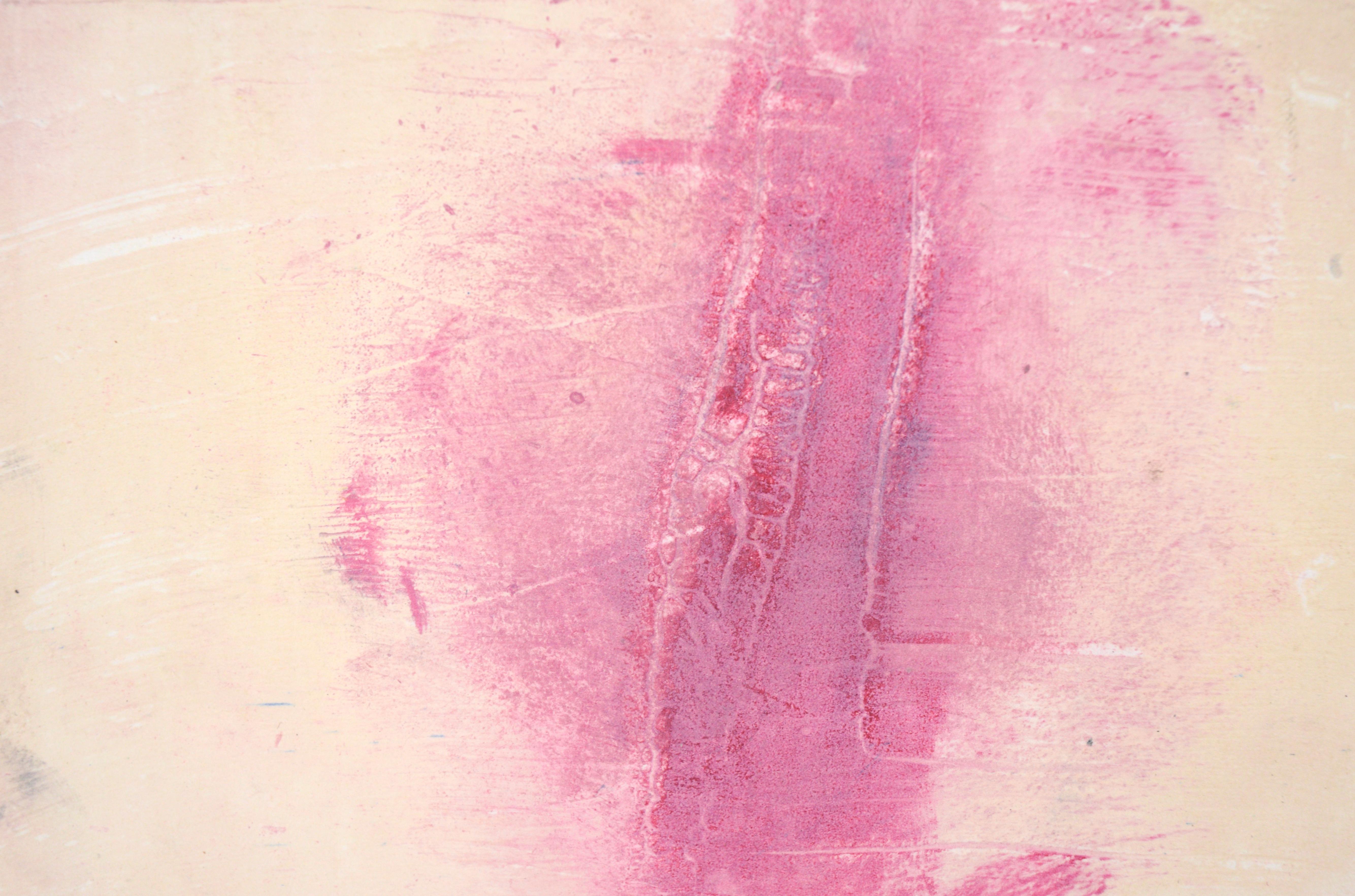 Pink on Yellow - Textured Transfer Monotype in Oil on Paper

Original hand painted and transfer monotype painting by California artist Heather Speck (American, 20th C). Pink textures stand out against a yellow background. There are naturalistic