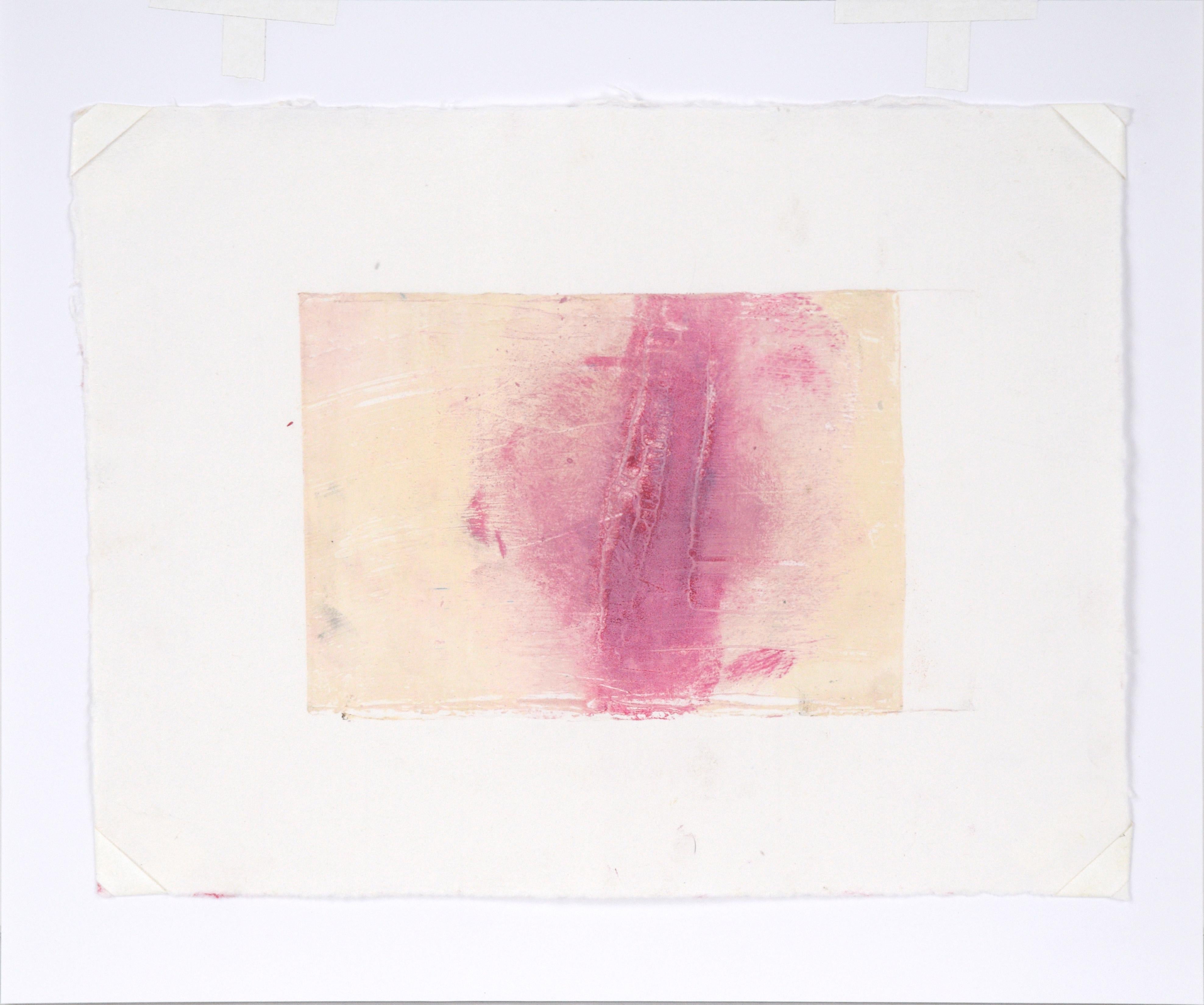 Pink on Yellow - Textured Transfer Monotype in Oil on Paper For Sale 3