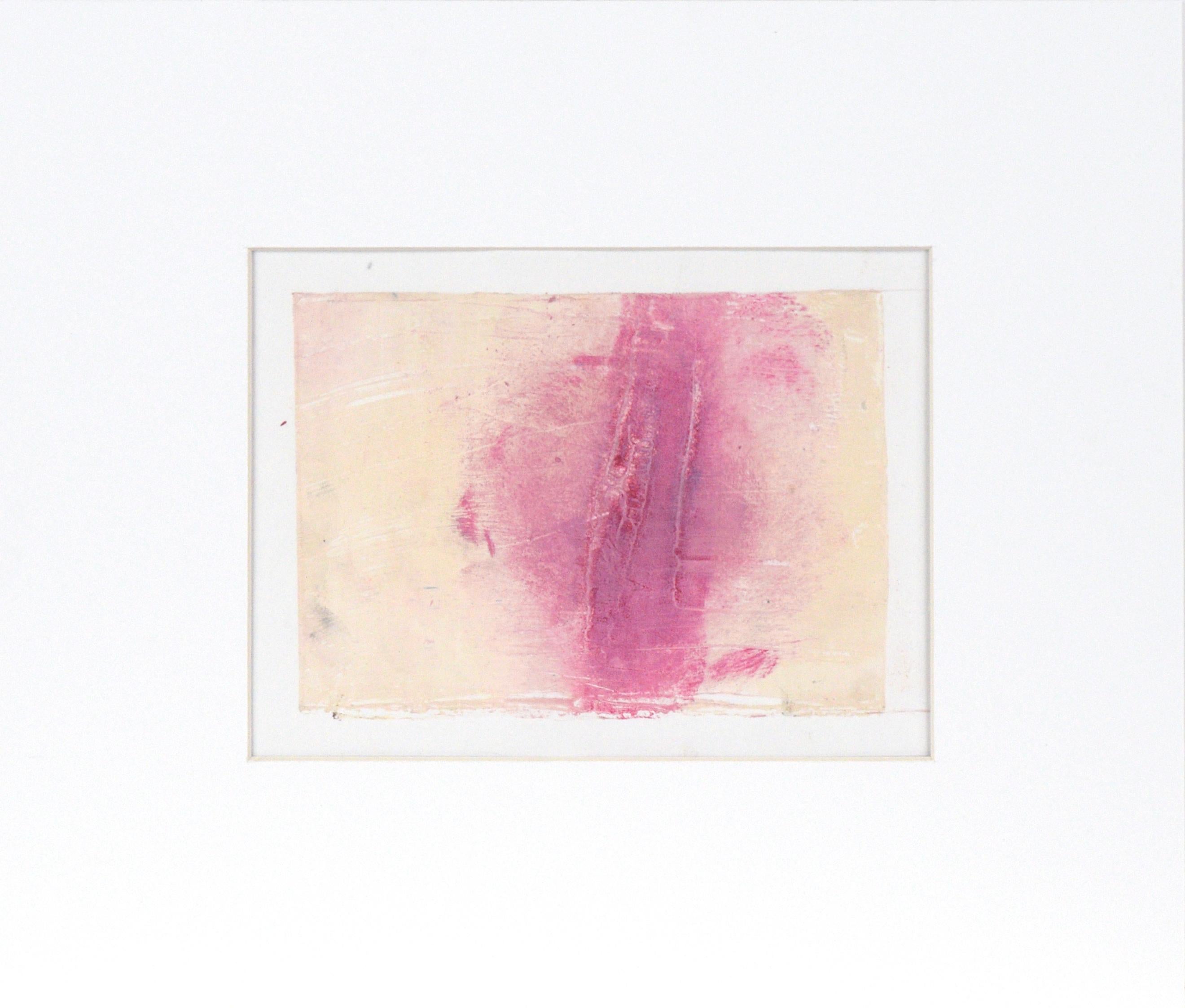 Heather Speck Abstract Print - Pink on Yellow - Textured Transfer Monotype in Oil on Paper