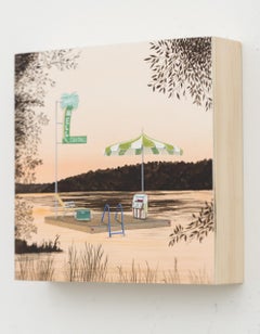 "Wishing Well" Paysage aquatique nostalgique délicat et rêveur à la gouache