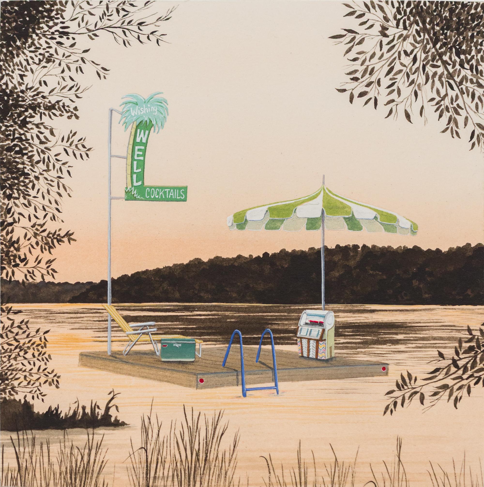 "Wishing Well" Zarte und verträumte nostalgische Wasserlandschaft in Gouache – Art von Heather Sundquist Hall