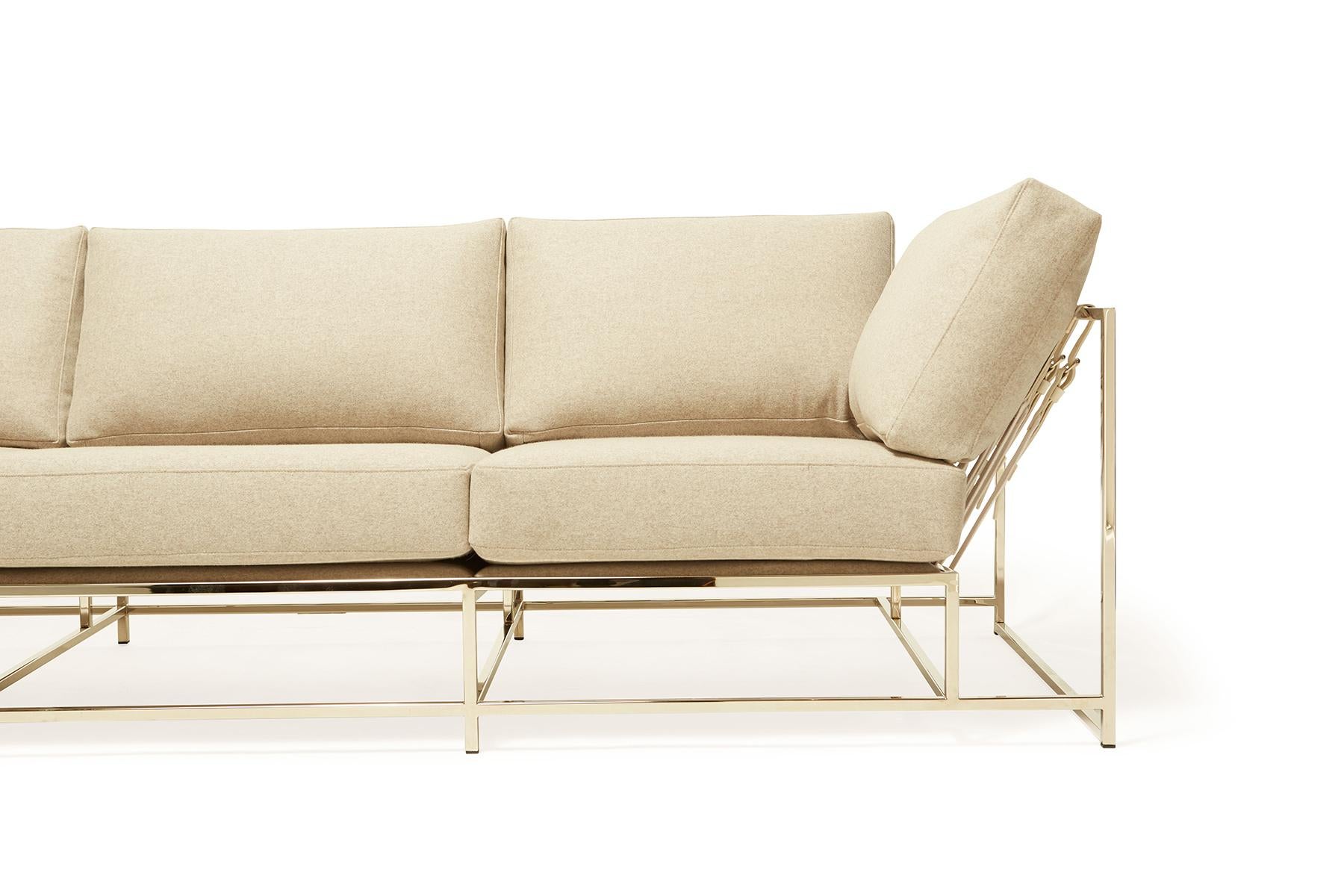 Modern Heathered Beige Wool and Polished Nickel Sofa For Sale