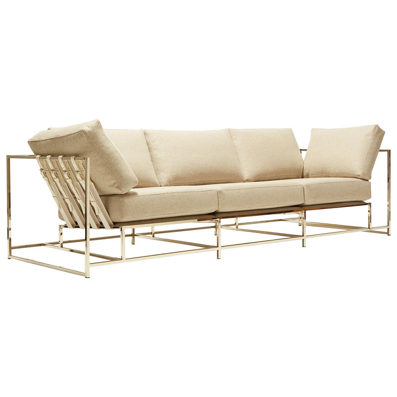 Heathered Beige Wool and Polished Nickel Sofa For Sale