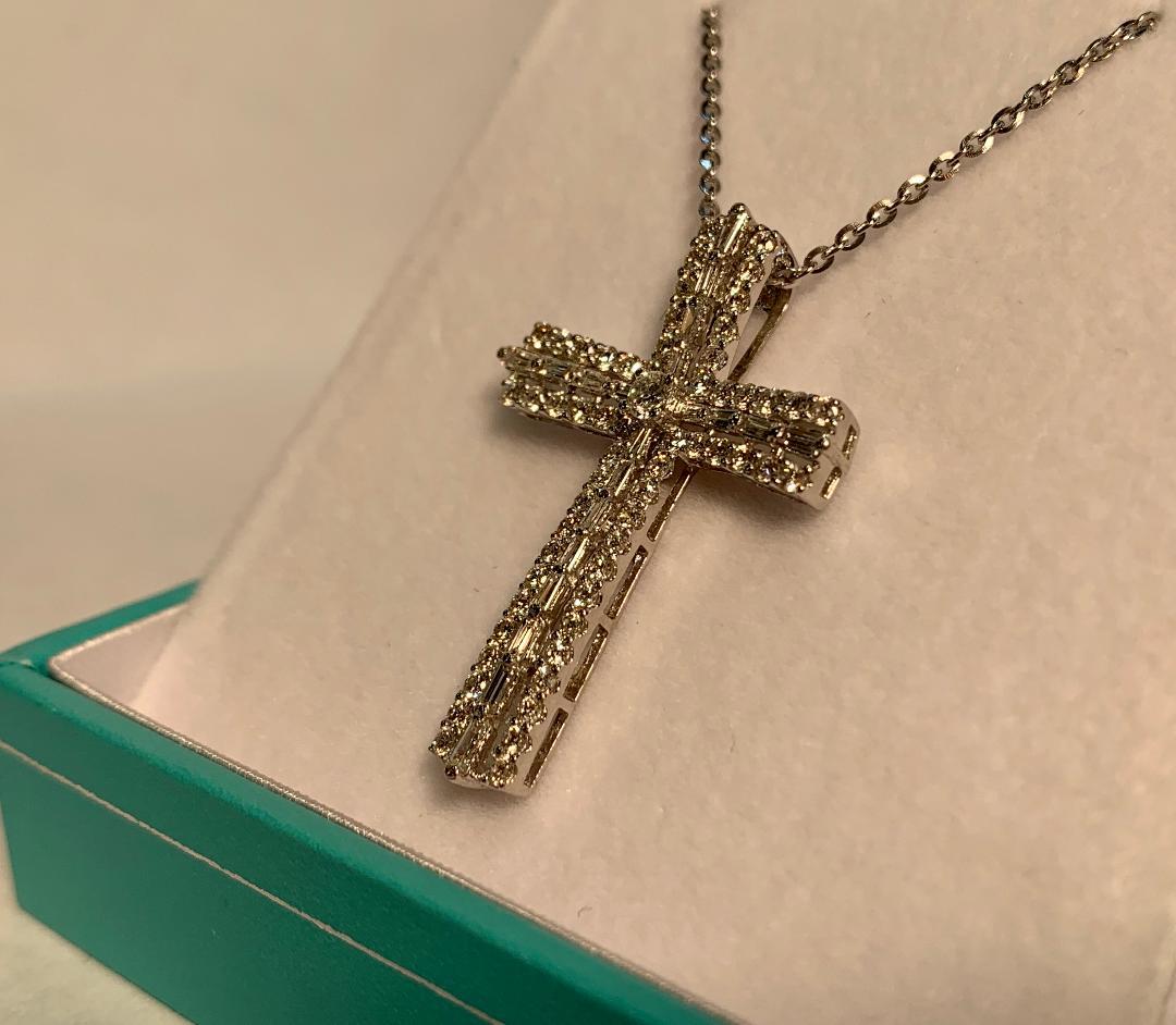 Women's or Men's Heavenly 1.25 Carat Diamond Cross Pendant in 18K White Gold on White Gold Chain