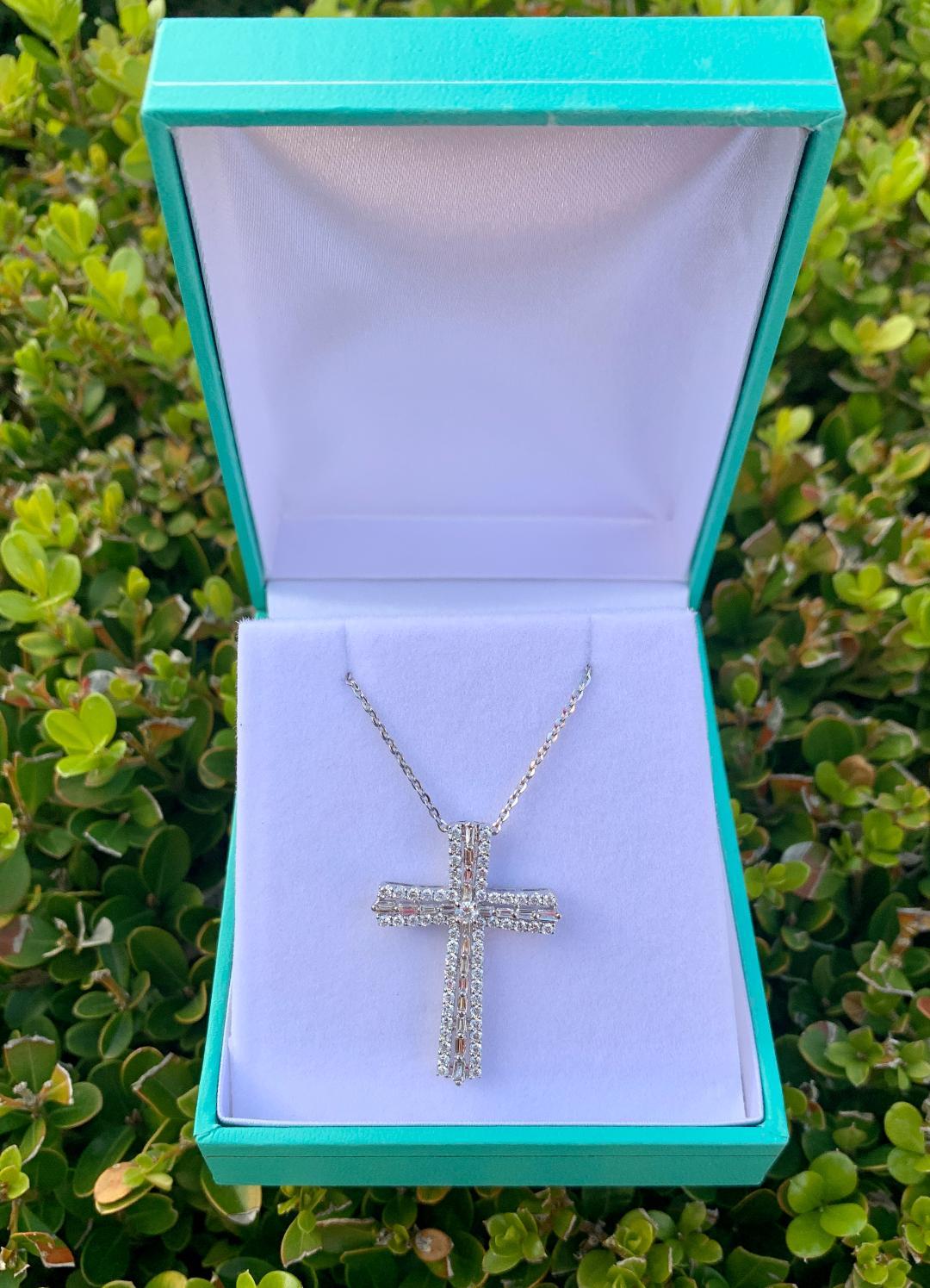 Heavenly 1.25 Carat Diamond Cross Pendant in 18K White Gold on White Gold Chain 1