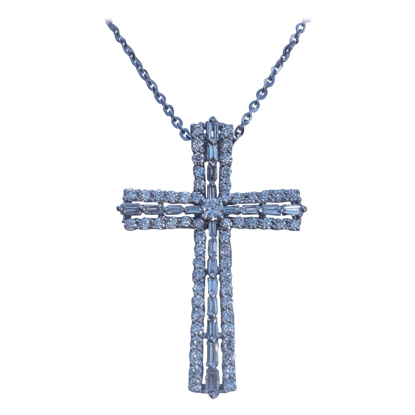 Heavenly 1.25 Carat Diamond Cross Pendant in 18K White Gold on White Gold Chain