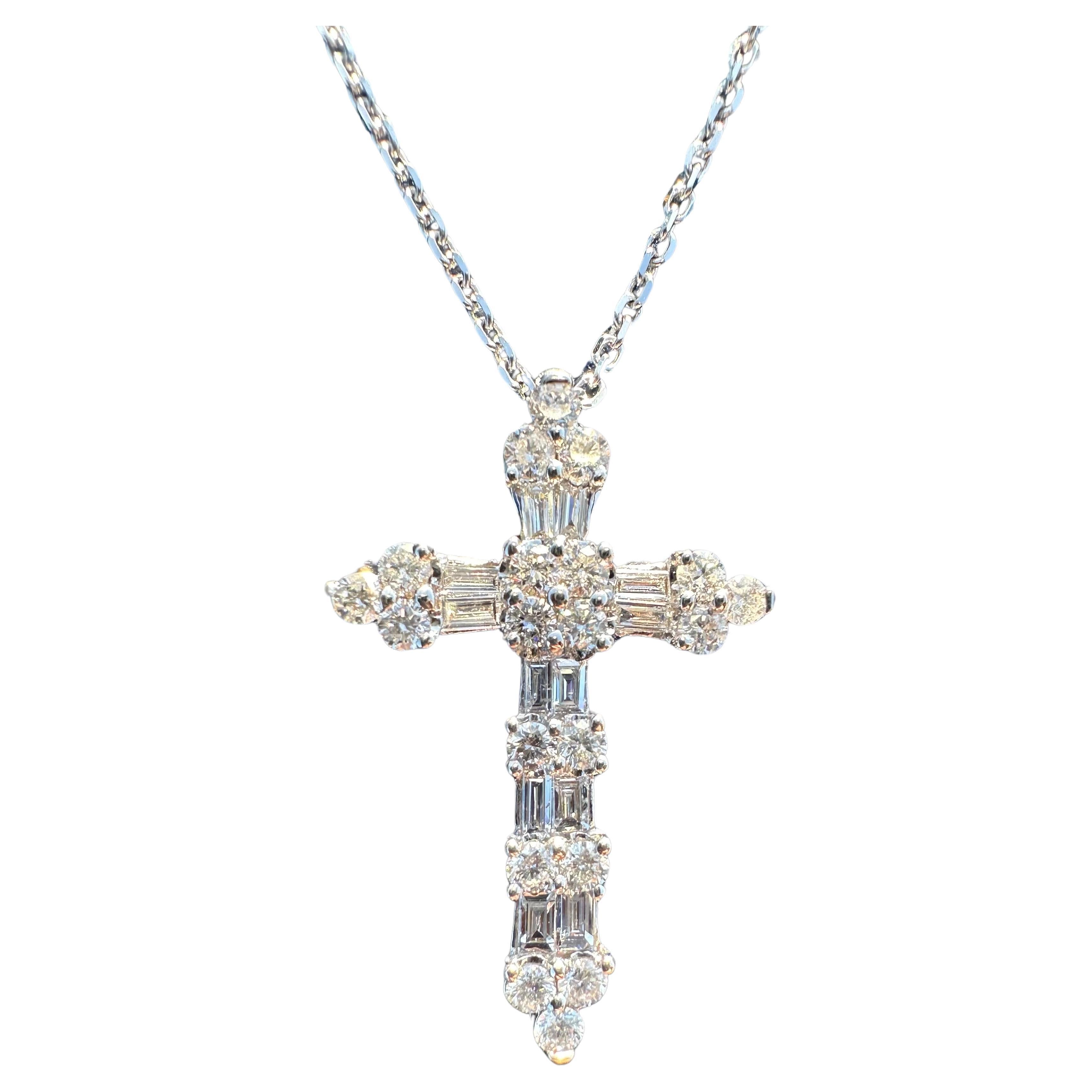 Heavenly 18 Karat White Gold Baguette and Round Diamond Cross Pendant on Chain For Sale