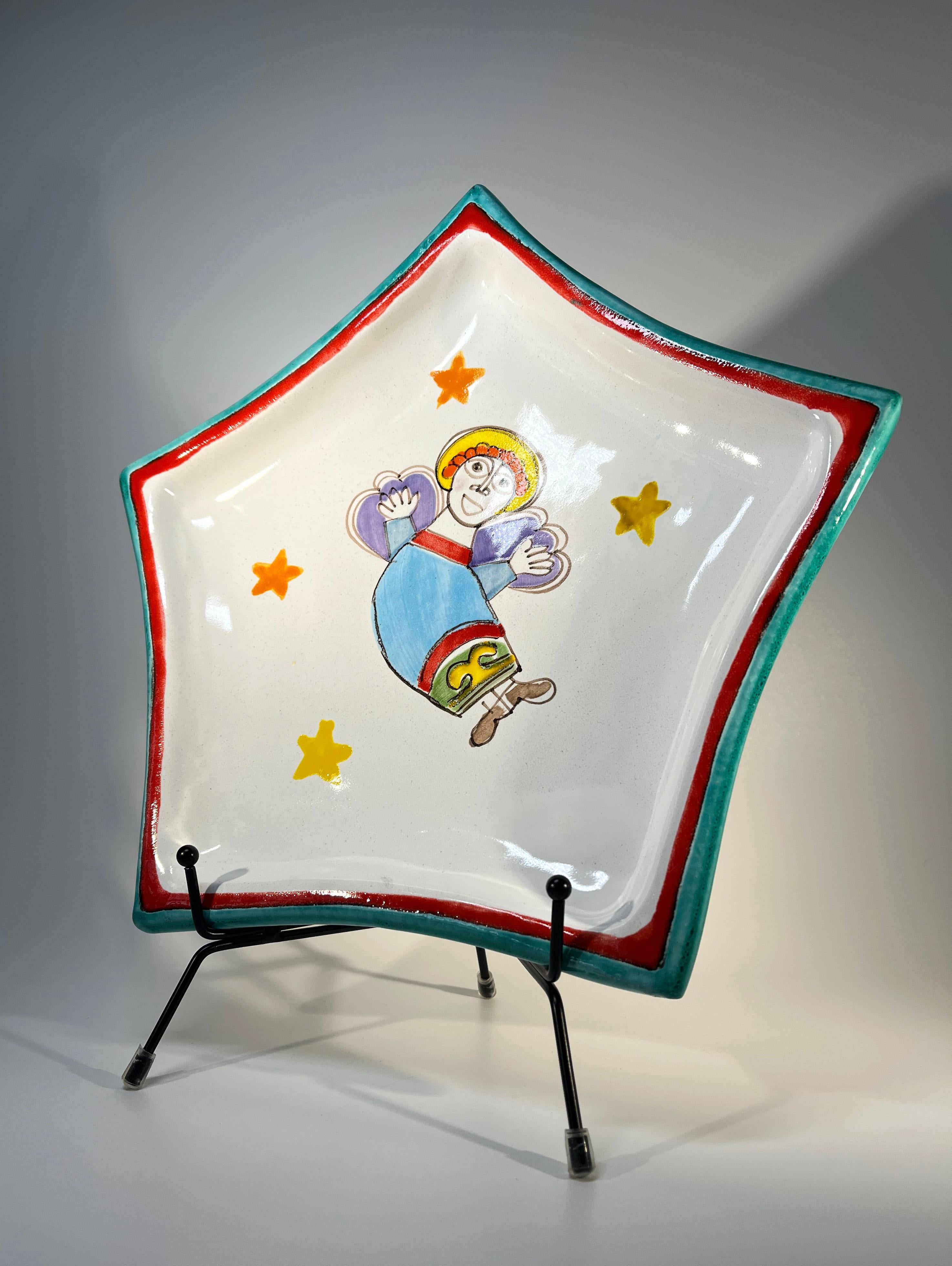 Hand-Painted Heavenly And Joyous Angel Ceramic Star Platter By DeSimone, Italy, c1960 For Sale
