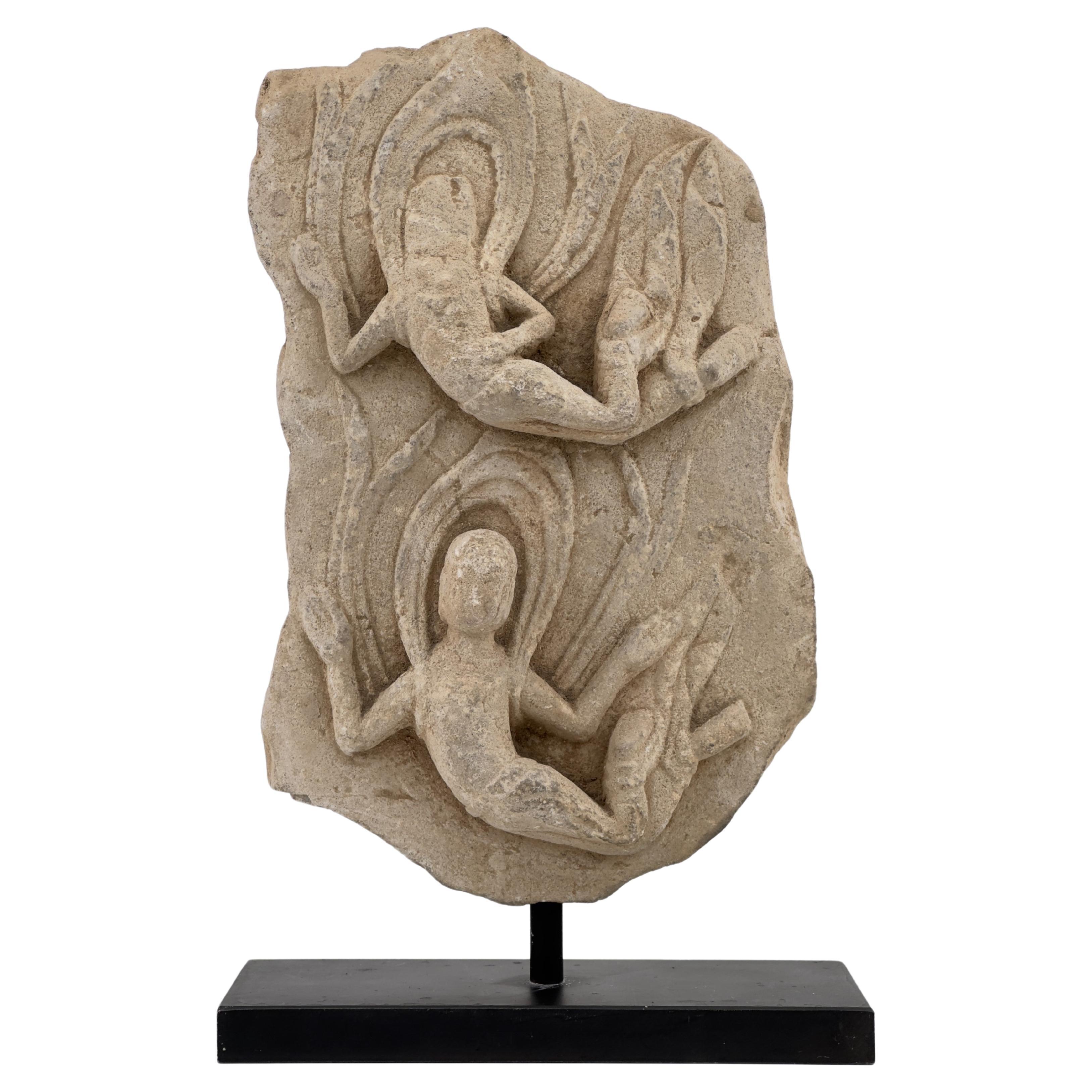 Heavenly Beings Carved Limestone Stele Fragment, Northern/Eastern Wei Dynasty For Sale