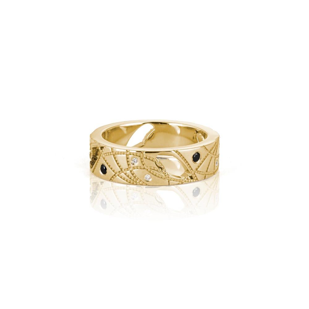 HEAVENLY BODIES 14k Yellow Gold 6mm Cigar Band + Black and White Diamonds + Hand Engraved Milgrain + Celestial Cutout by Viviana Langhoff

14K Yellow Gold with approximately .115 ctw black and white responsibly sourced melee diamonds. Band design