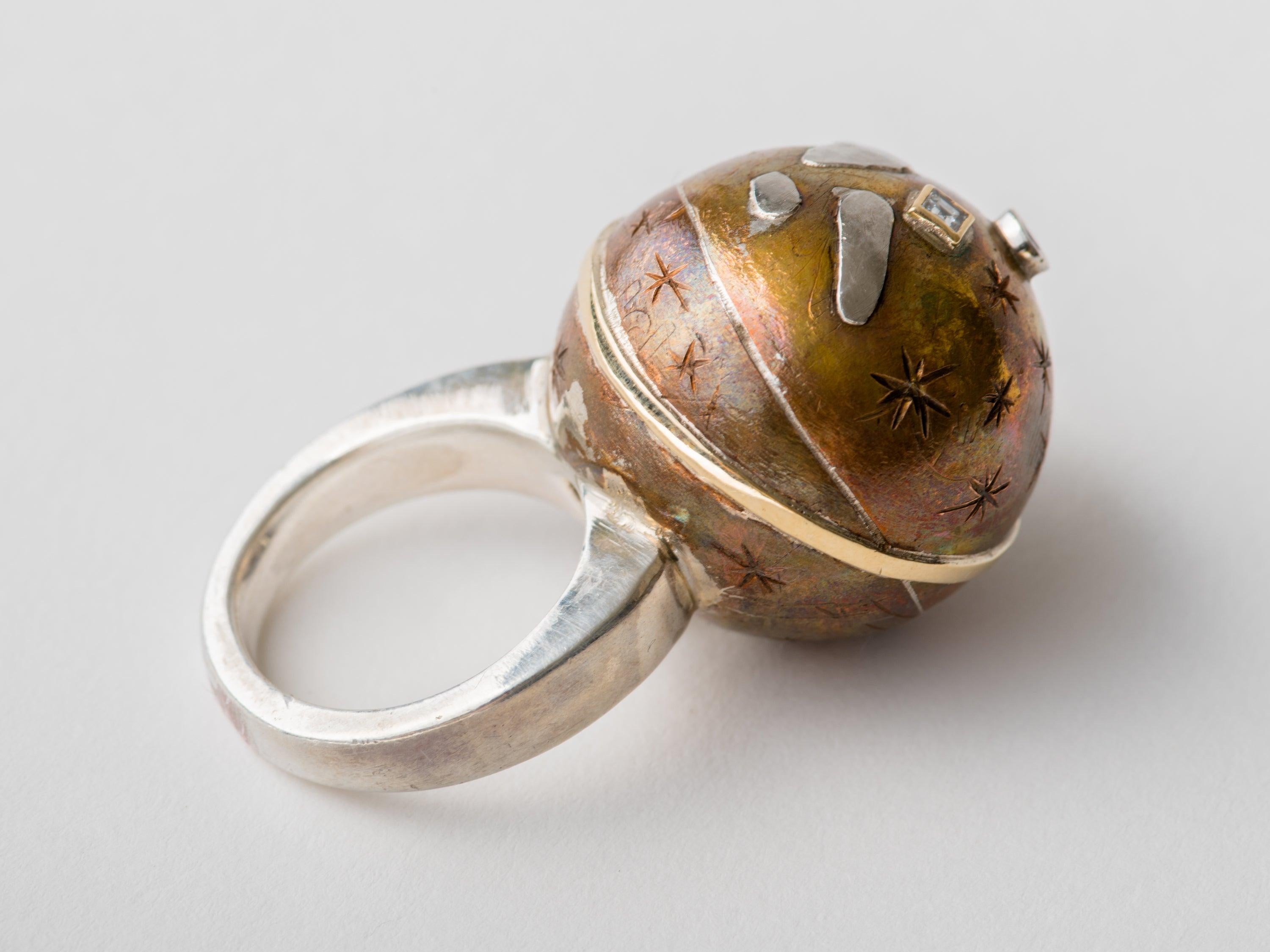 Artist Heavenly Sphere Bronze Silver Platinum & Gold Ring by Mark Timmerman For Sale