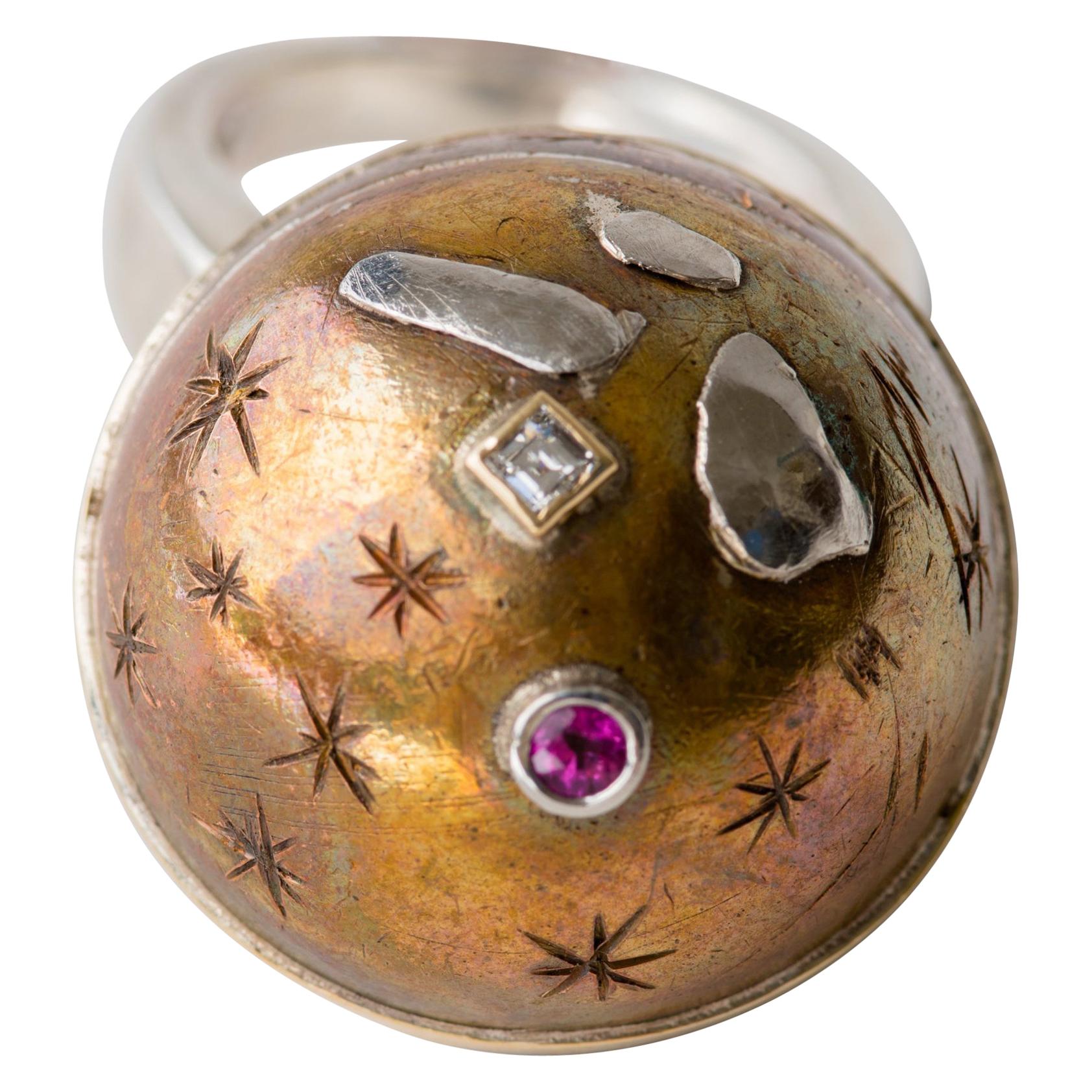 Heavenly Sphere Bronze Silver Platinum & Gold Ring by Mark Timmerman For Sale