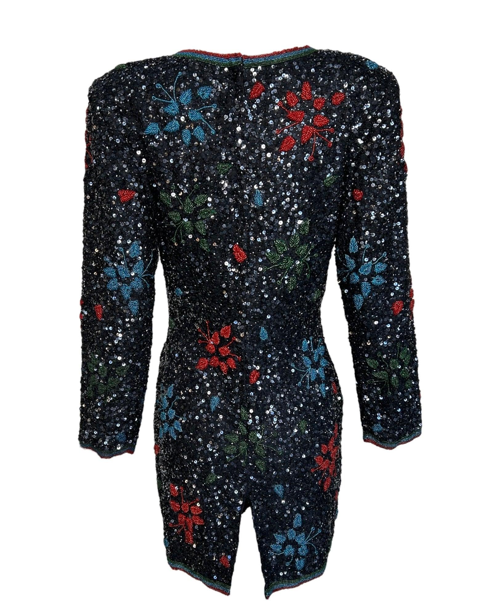 Black Heavily Beaded & Sequined Tunic Micro Dress, 1980s For Sale