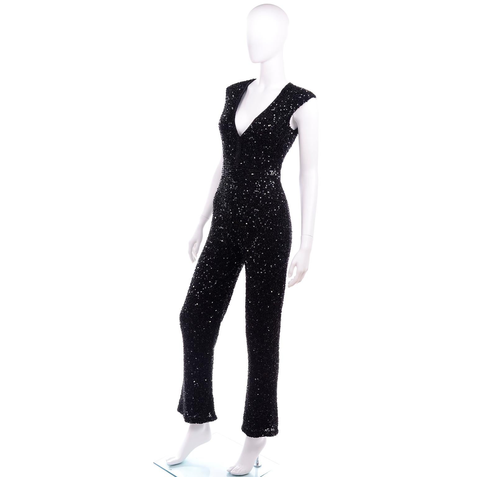 Heavily Beaded Vintage Black Jumpsuit Evening Dress Alternative In Excellent Condition For Sale In Portland, OR