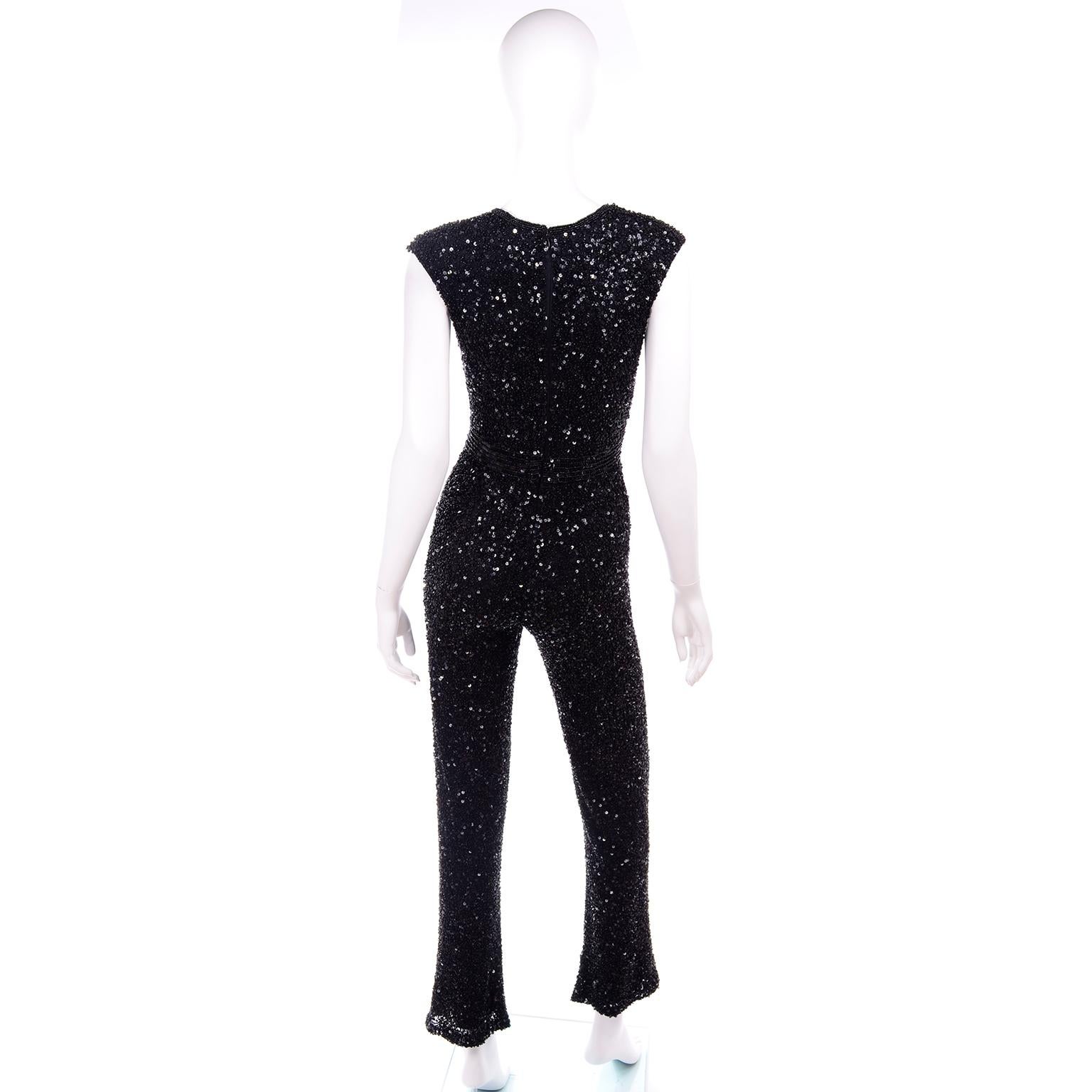 Women's Heavily Beaded Vintage Black Jumpsuit Evening Dress Alternative For Sale