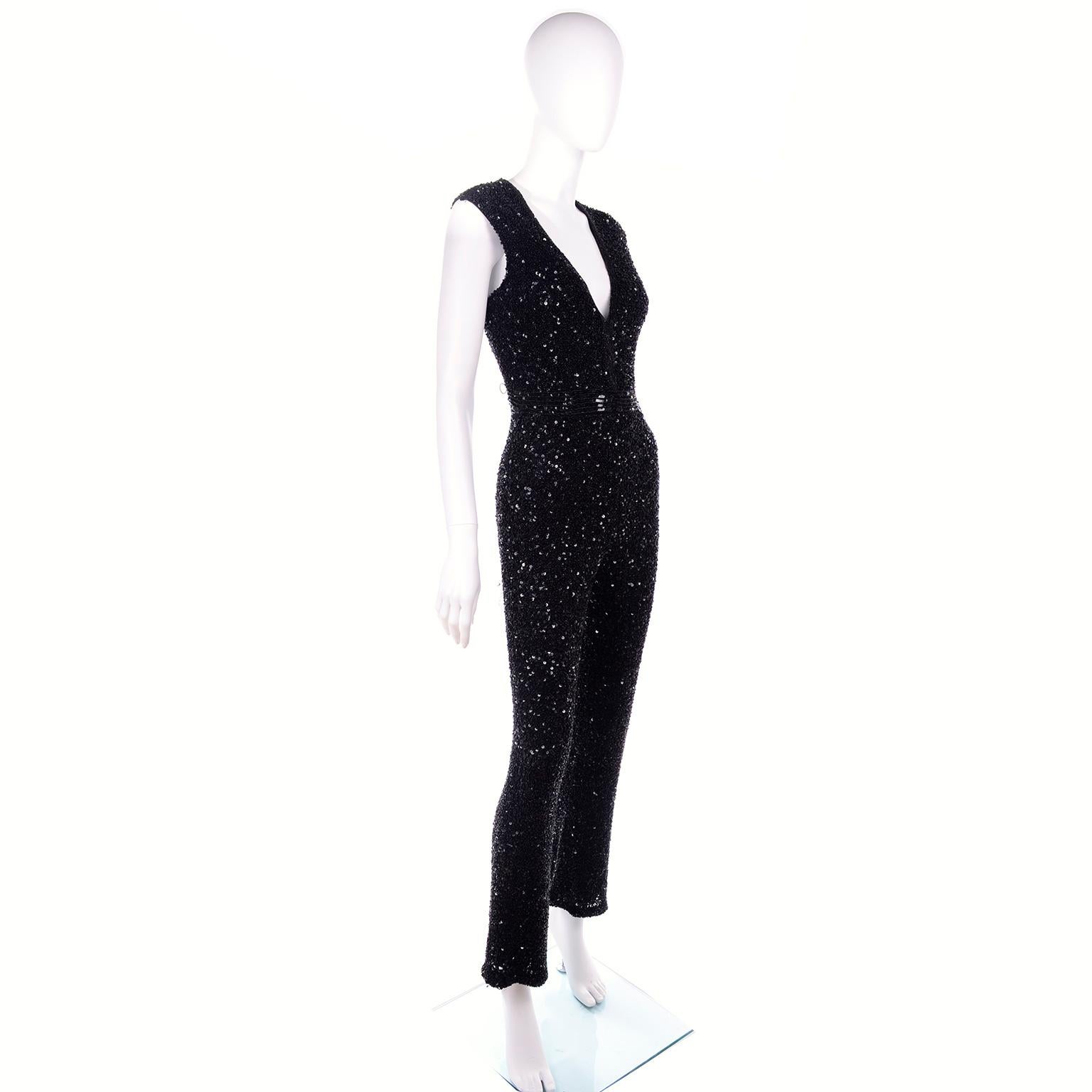 Heavily Beaded Vintage Black Jumpsuit Evening Dress Alternative For Sale 1
