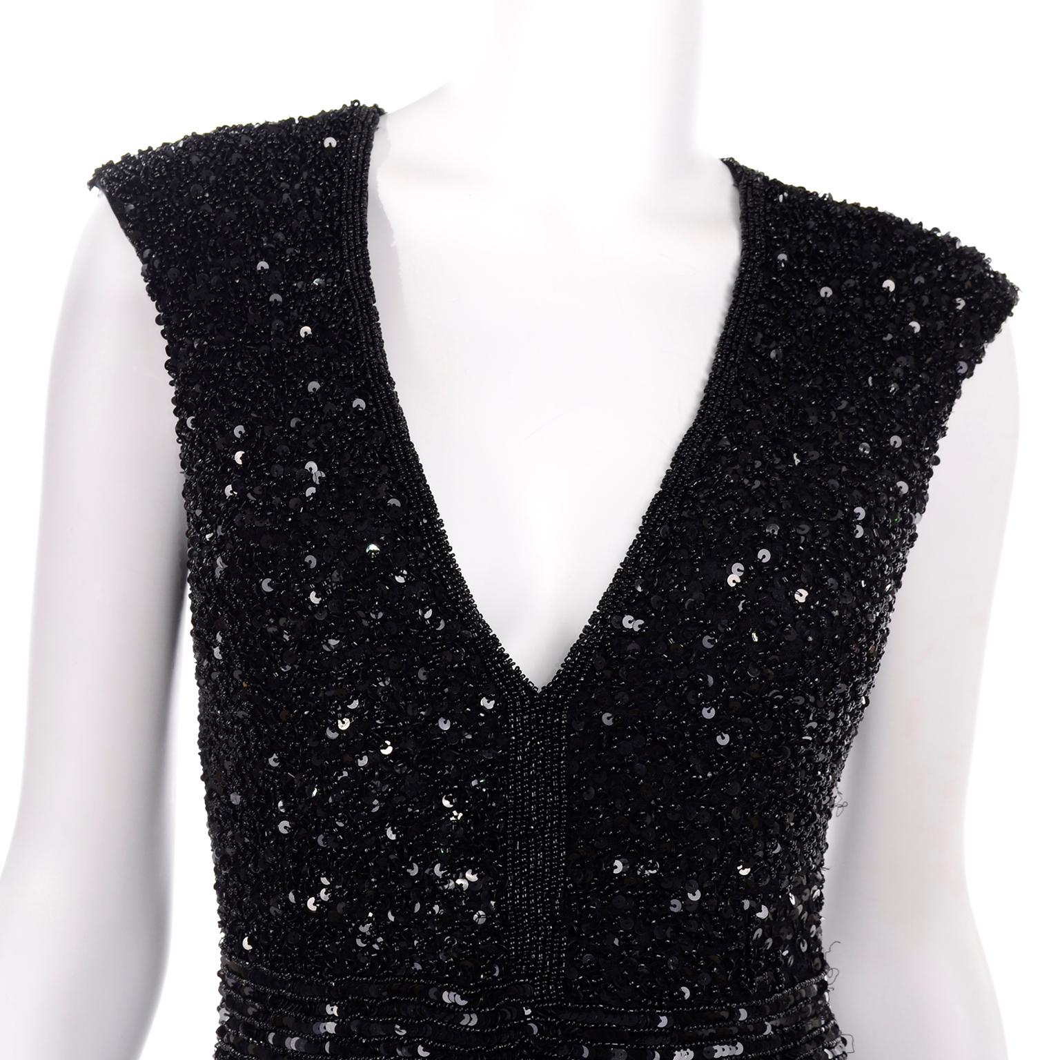 Heavily Beaded Vintage Black Jumpsuit Evening Dress Alternative For Sale 3