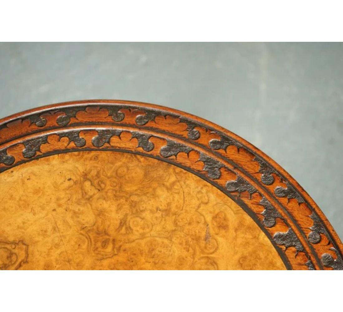 Heavily Carved Burr Walnut Antique Victorian Pedestal Wine End Lamp Table For Sale 5