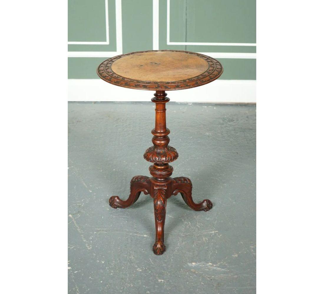 British Heavily Carved Burr Walnut Antique Victorian Pedestal Wine End Lamp Table For Sale