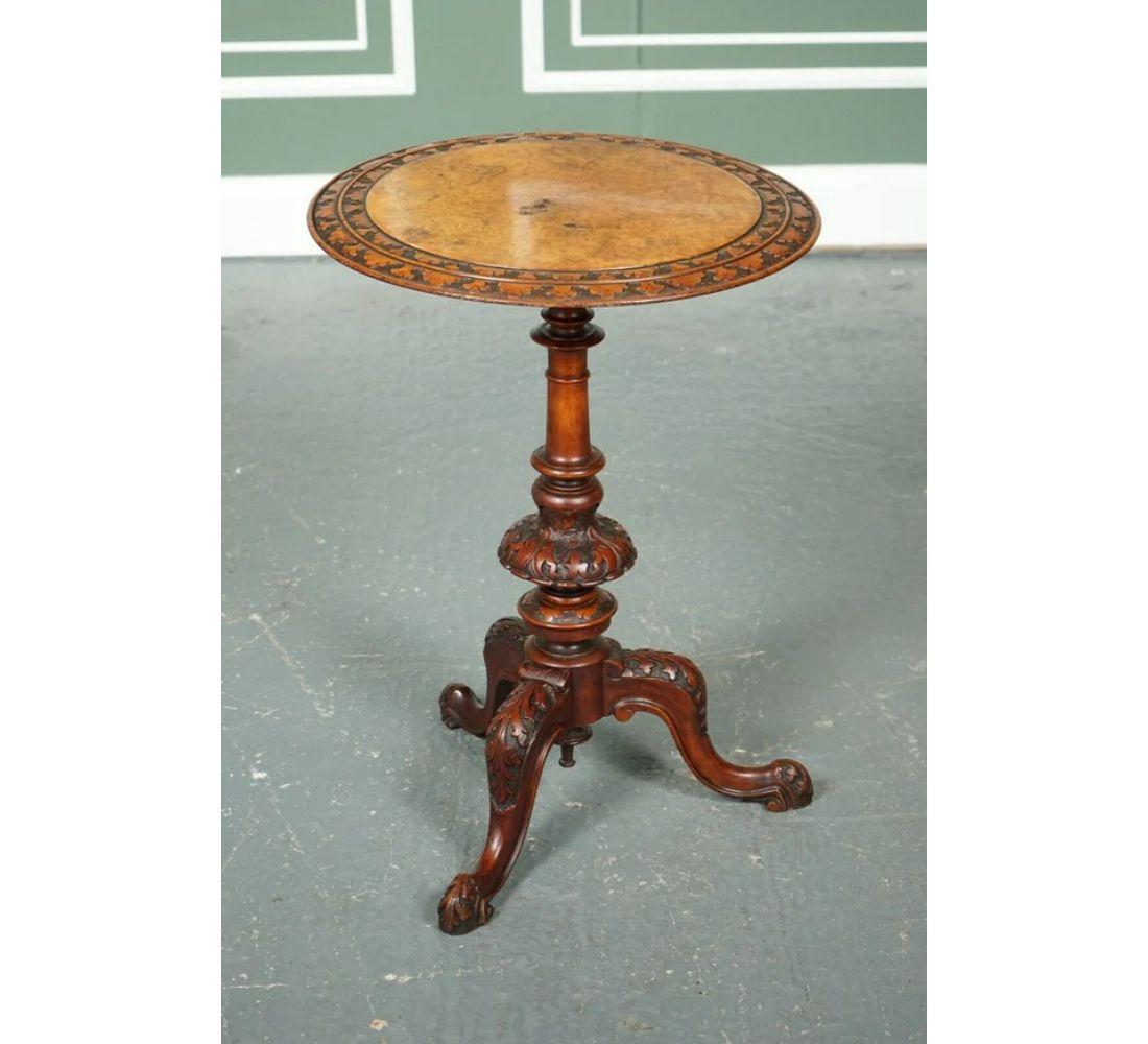 Hand-Crafted Heavily Carved Burr Walnut Antique Victorian Pedestal Wine End Lamp Table For Sale