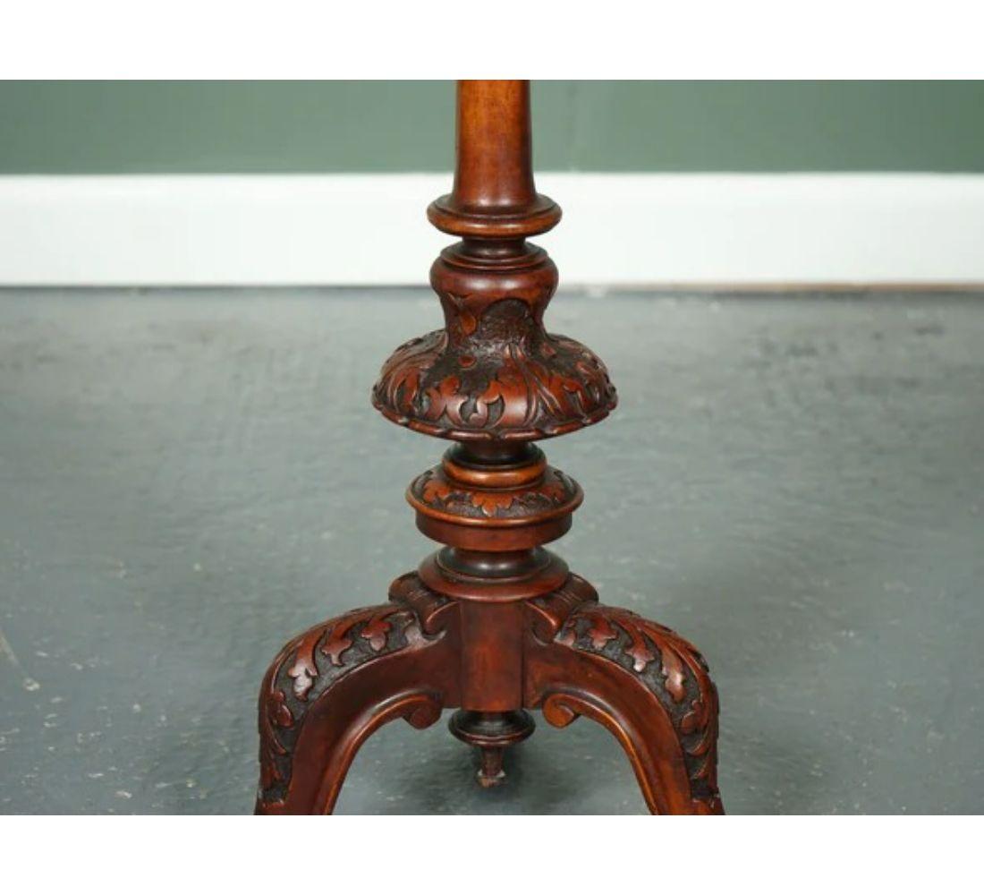 19th Century Heavily Carved Burr Walnut Antique Victorian Pedestal Wine End Lamp Table For Sale