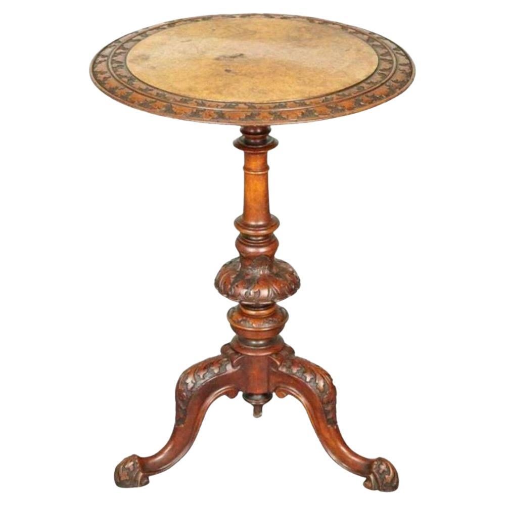 Heavily Carved Burr Walnut Antique Victorian Pedestal Wine End Lamp Table For Sale