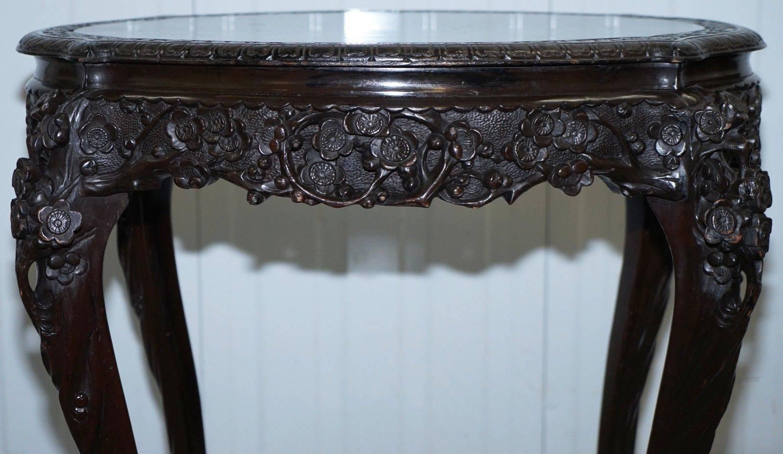Teak Heavily Carved Chinese Export Occasional Centre Table Black Lacquered Finish For Sale
