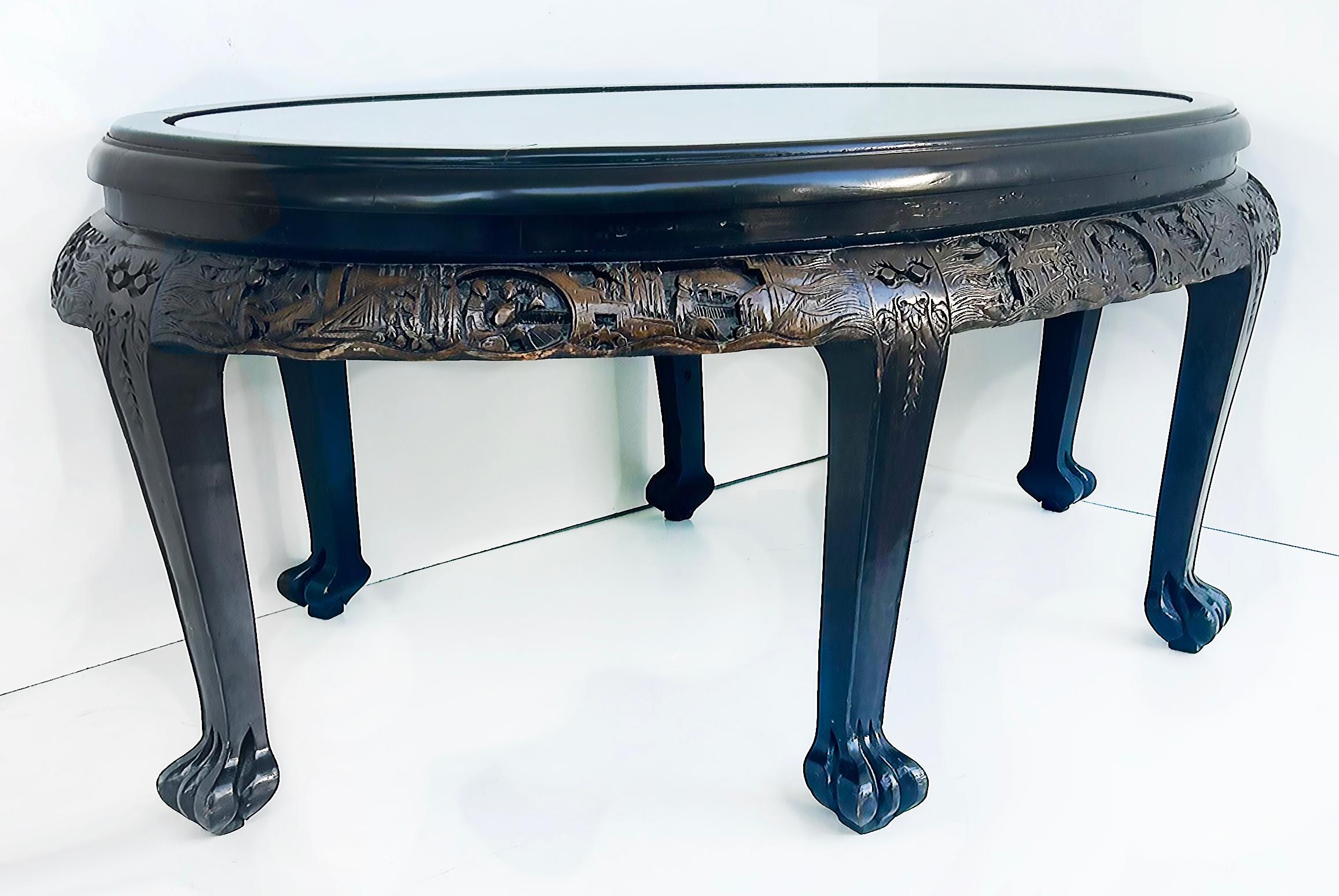 Heavily Carved Chinoiserie Oval Coffee Cocktail Table with Inset Glass Top  For Sale 3