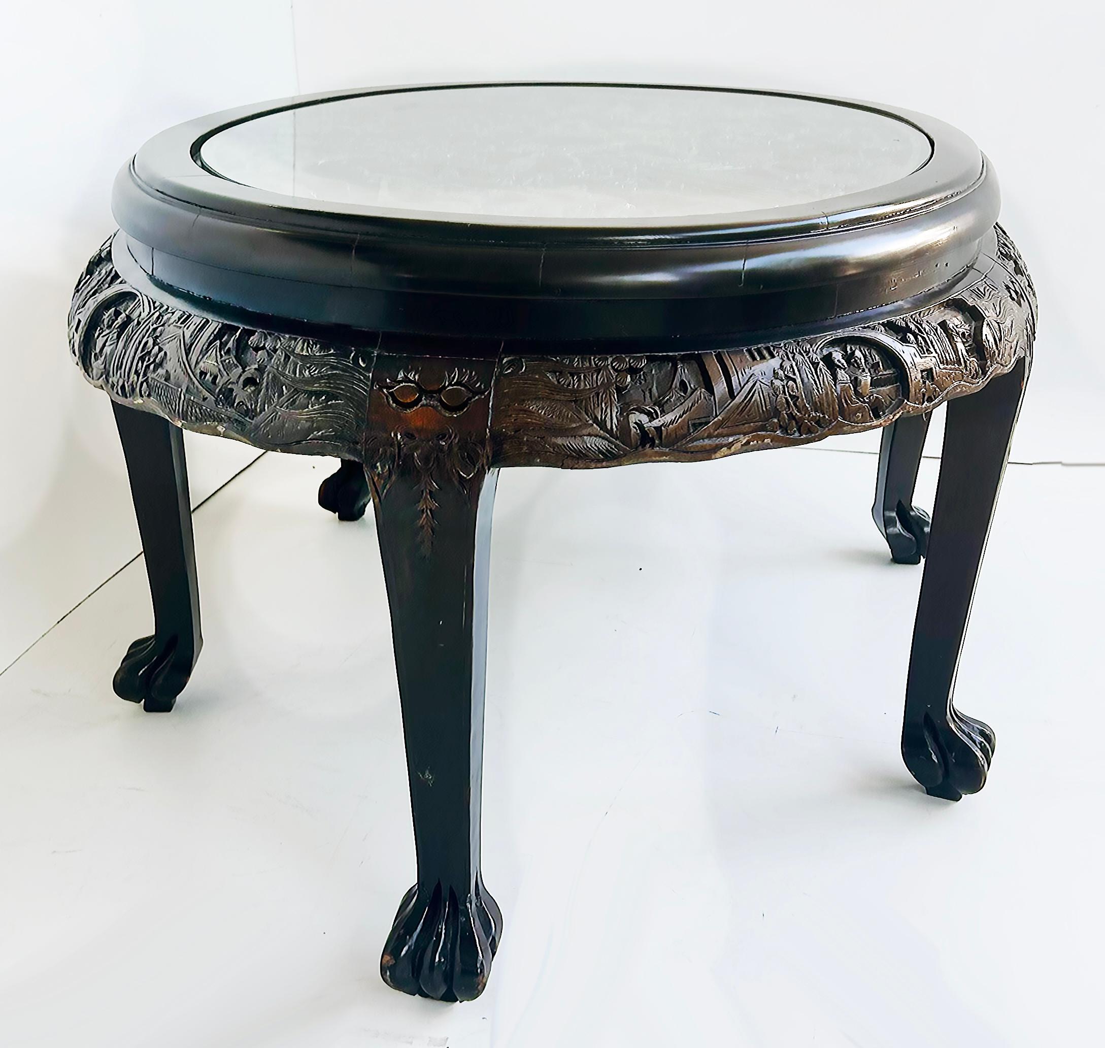 Heavily Carved Chinoiserie Oval Coffee Cocktail Table with Inset Glass Top  For Sale 4