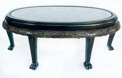 Heavily Carved Chinoiserie Oval Coffee Cocktail Table with Inset Glass Top