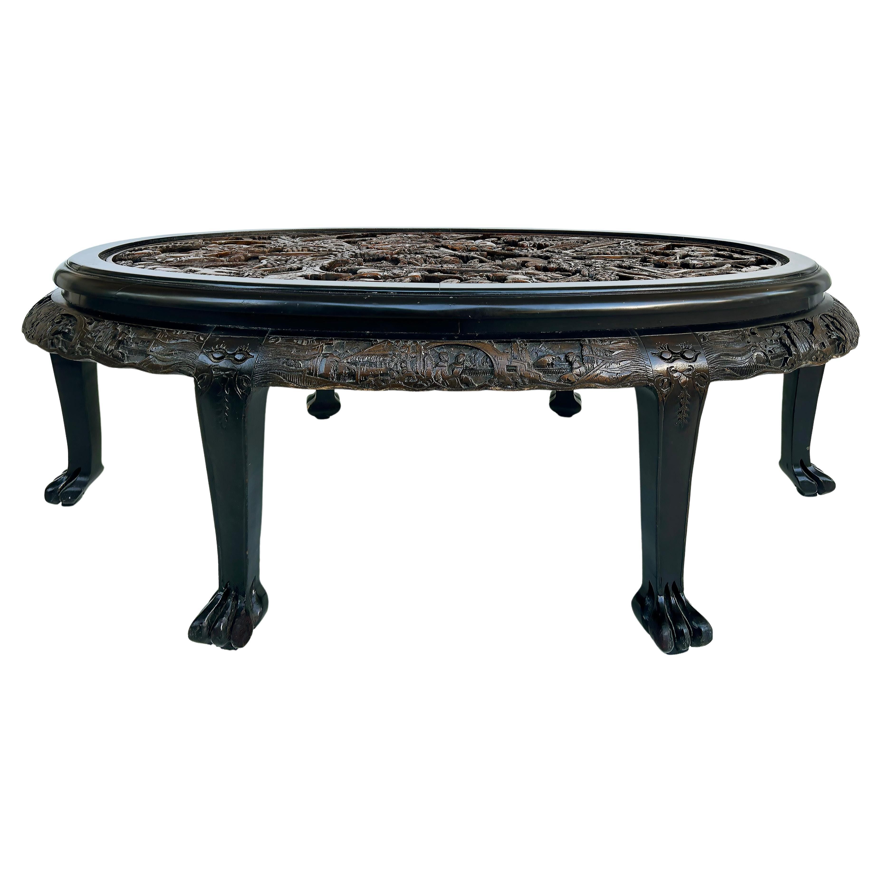 Heavily Carved Chinoiserie Oval Coffee Cocktail Table with Inset Glass Top  For Sale 1