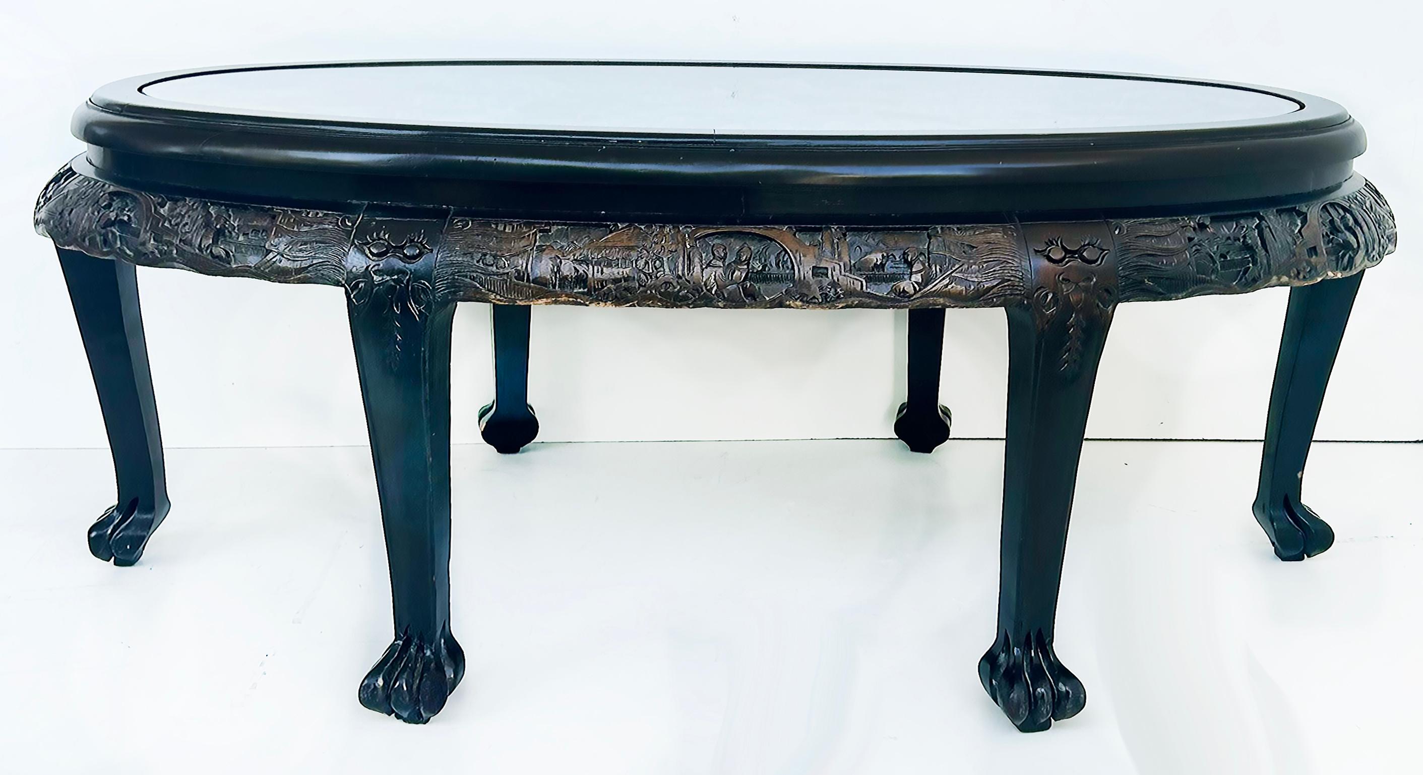 Heavily Carved Chinoiserie Oval Coffee Cocktail Table with Inset Glass Top  For Sale 2