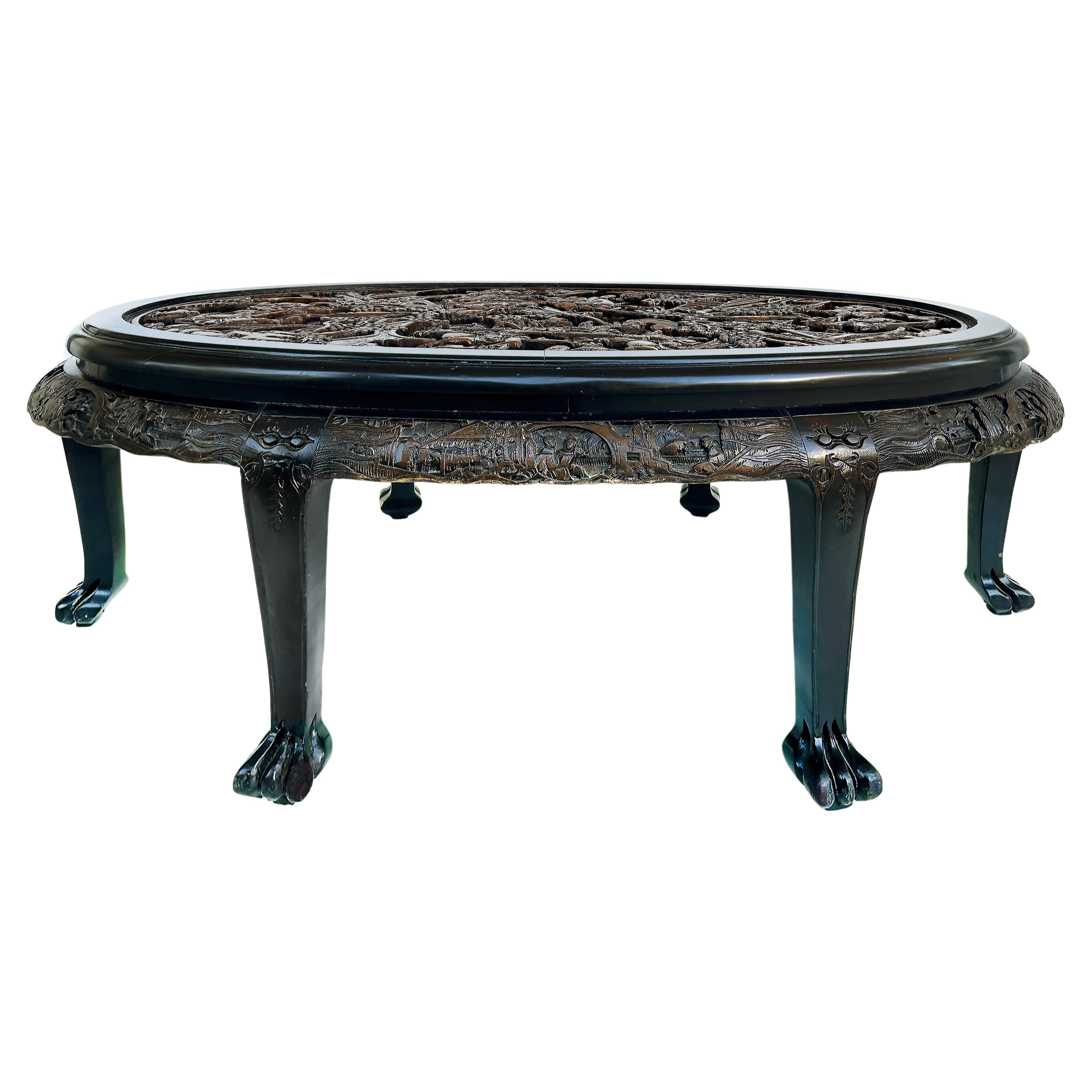 Heavily Carved Chinoiserie Oval Coffee Cocktail Table with Inset Glass Top  For Sale