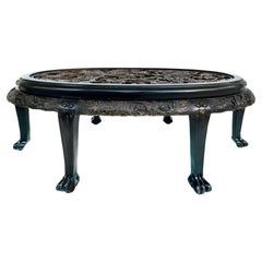 Heavily Carved Chinoiserie Oval Coffee Cocktail Table with Inset Glass Top 