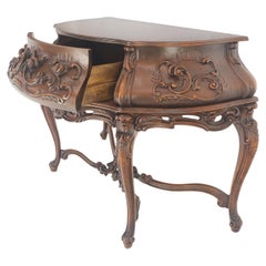 Heavily Carved Decorative Demi Lune Style Burl Walnut Top Console Table MINT