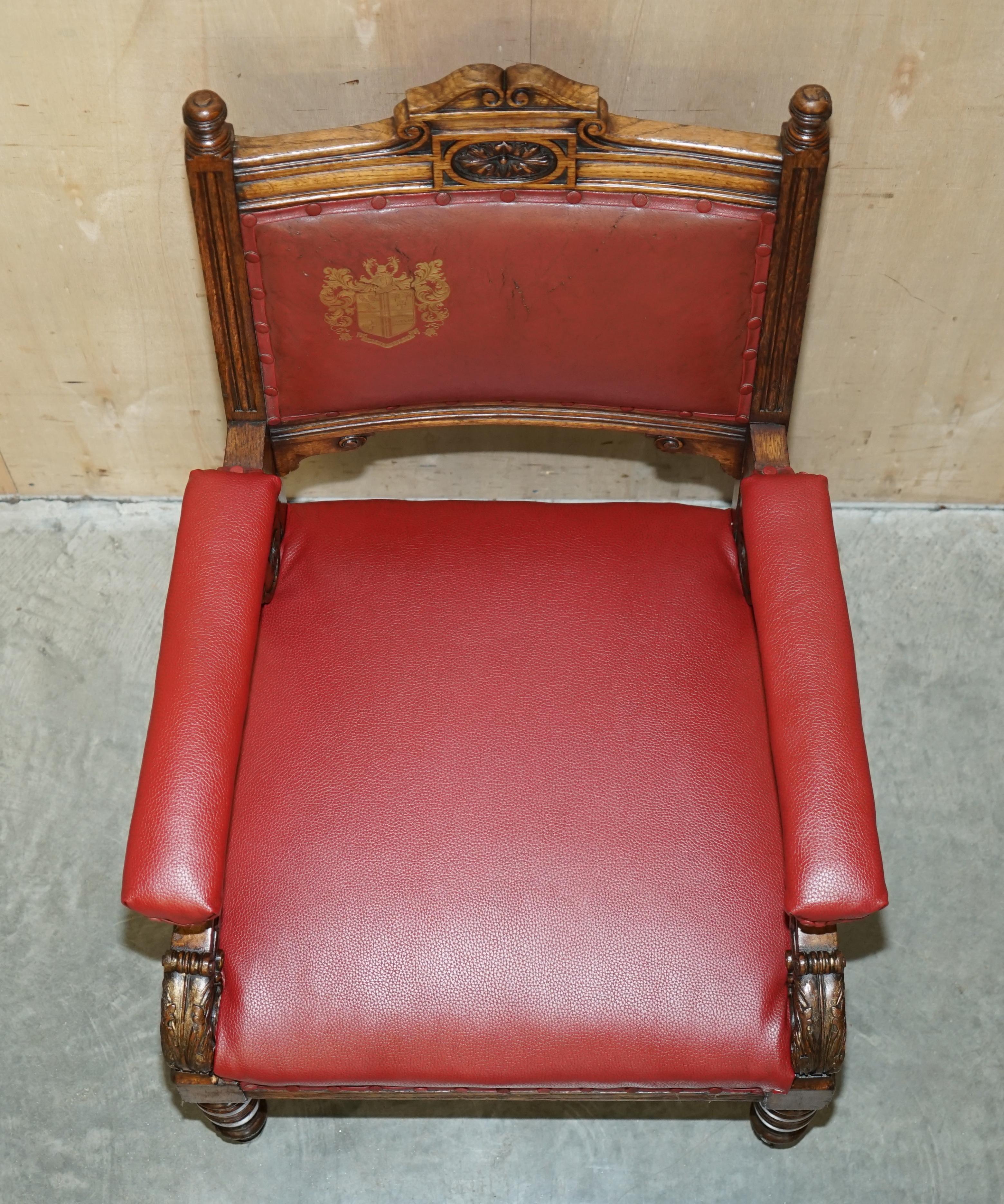 Heavily Carved English Antique Victorian Armchair + Coat of Arms Armorial Crest For Sale 8