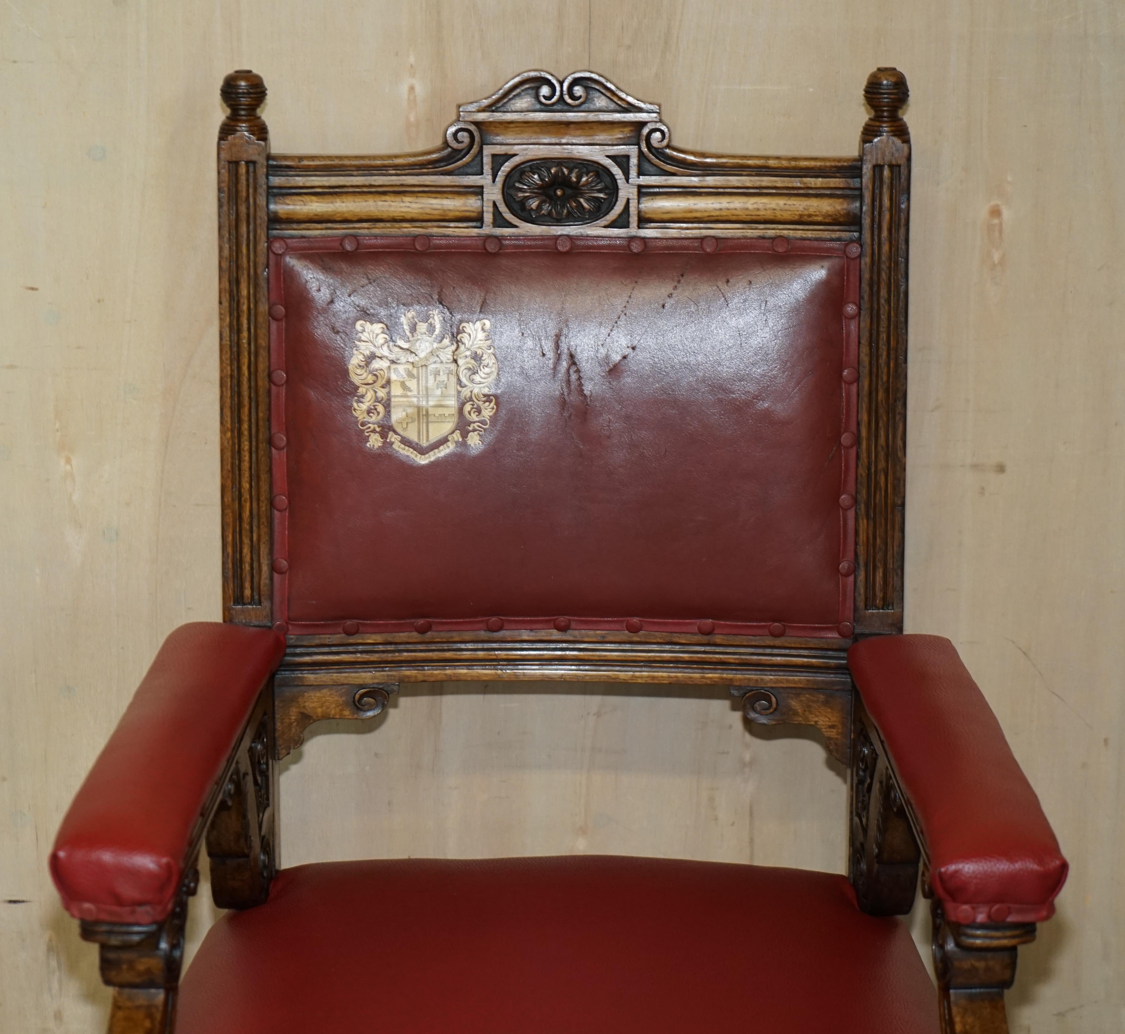 High Victorian Heavily Carved English Antique Victorian Armchair + Coat of Arms Armorial Crest For Sale