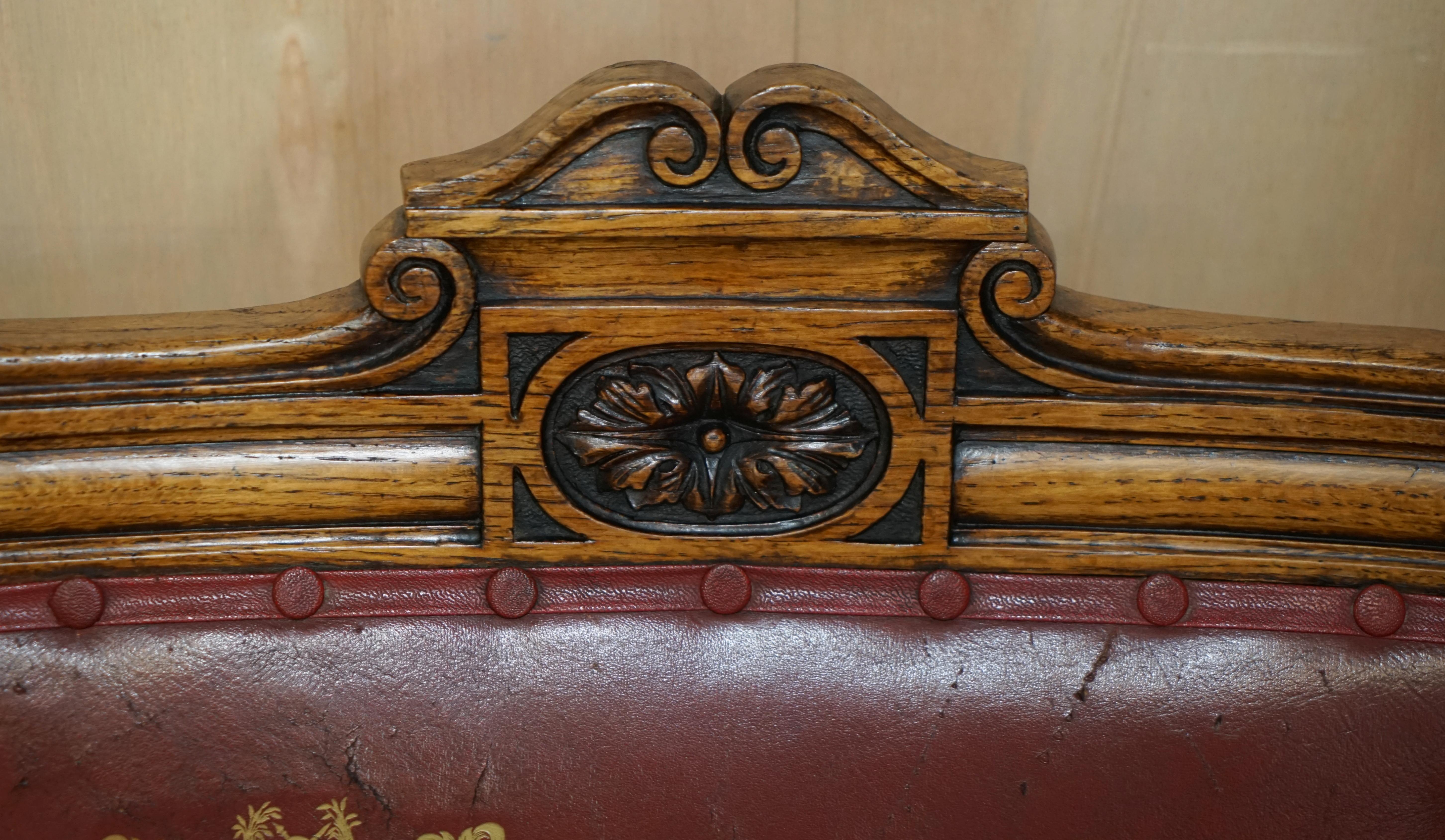 Oak Heavily Carved English Antique Victorian Armchair + Coat of Arms Armorial Crest For Sale