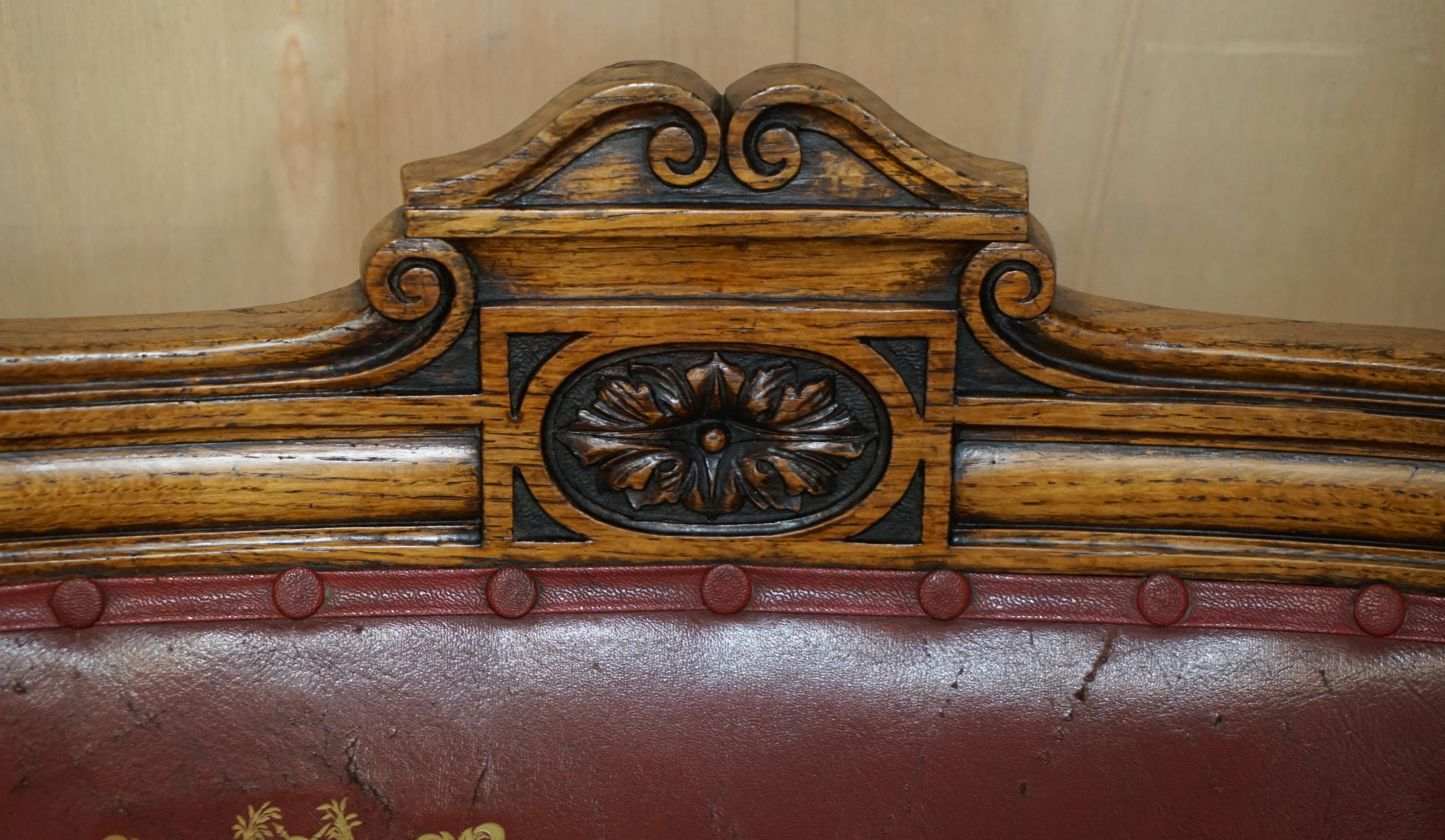 Late 19th Century Heavily Carved English Antique Victorian Armchair + Coat of Arms Armorial Crest For Sale