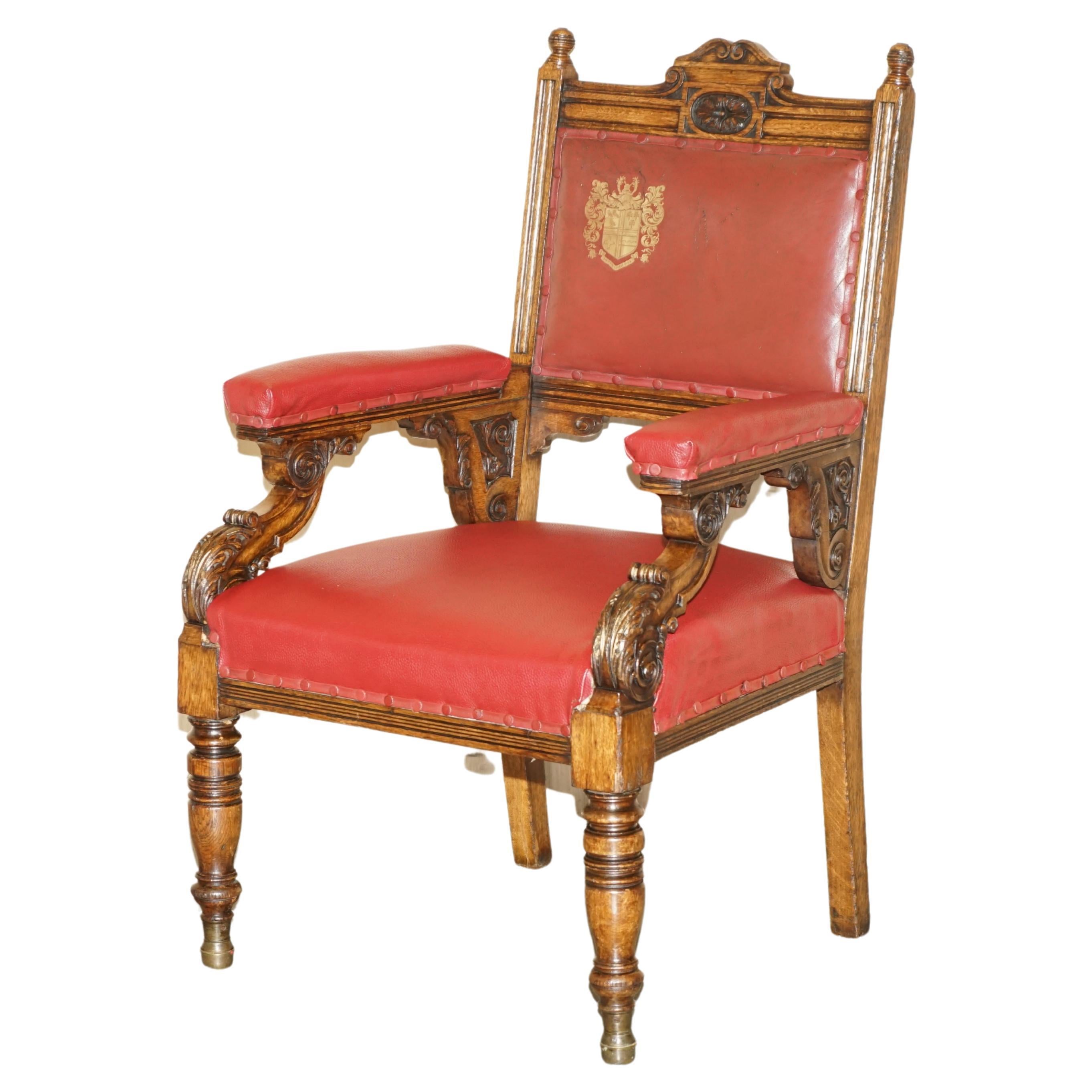 Heavily Carved English Antique Victorian Armchair + Coat of Arms Armorial Crest For Sale