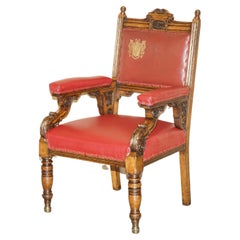 Fauteuil Victorien Antique Anglais Fortement Sculpté + Armoiries Armorial Crest