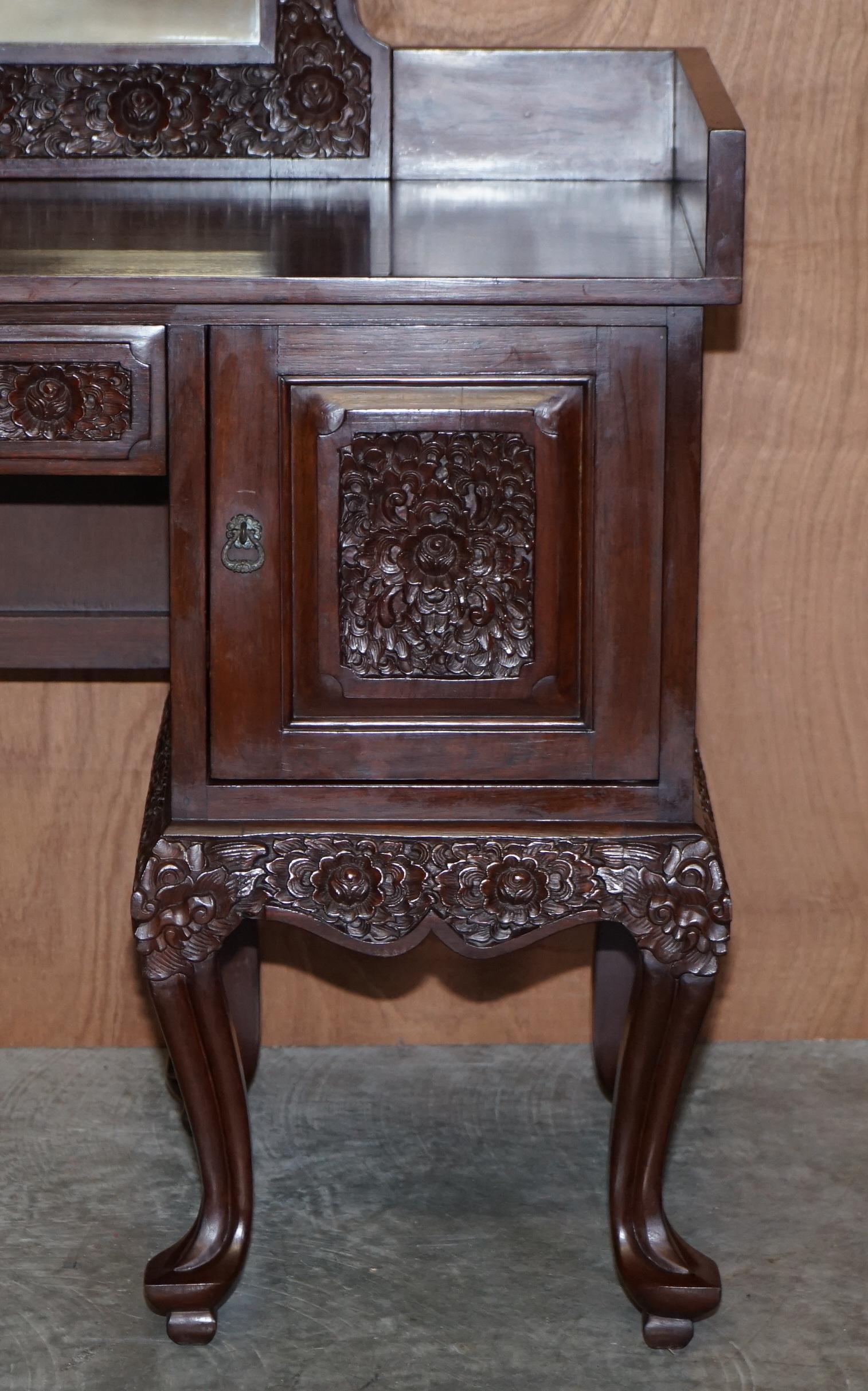Hand-Crafted Heavily Carved Floral Decorated Indian Hardwood Dressing Table & Mirror For Sale