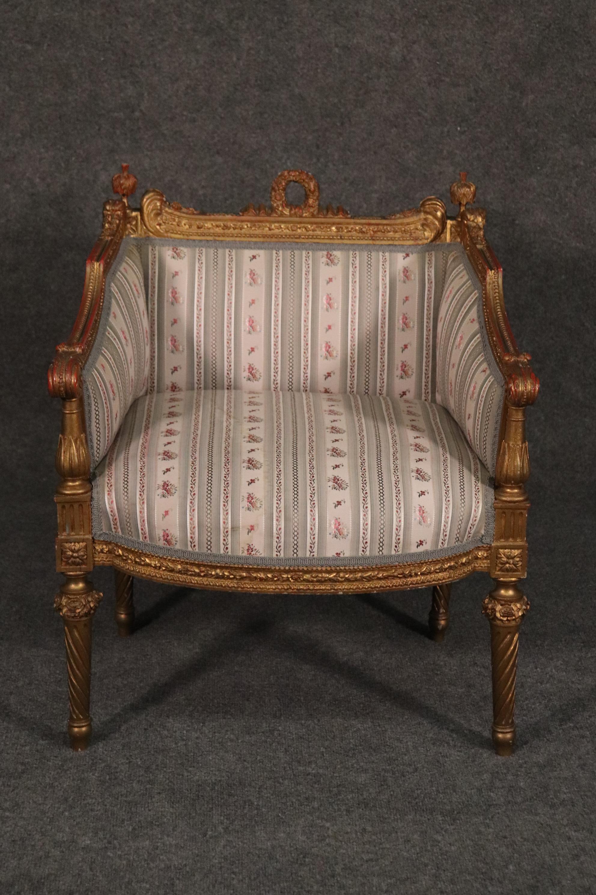 Heavily Carved Gilded French Louis XVI Bergere Chair Circa 1890 In Good Condition In Swedesboro, NJ