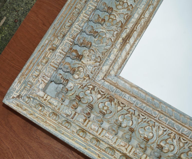 Hand-Crafted Heavily Carved Hand Painted Large Vintage Overmatnle Wall Mirror For Sale