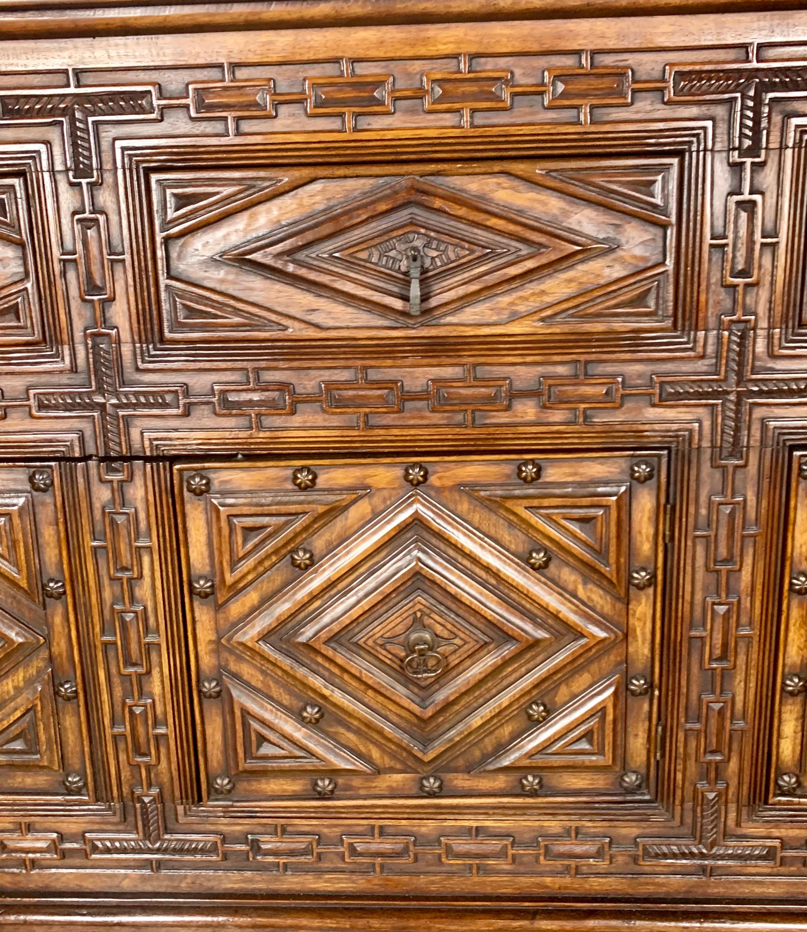 Heavily Carved Italian Walnut Sideboard, circa 1940s In Good Condition In Los Angeles, CA